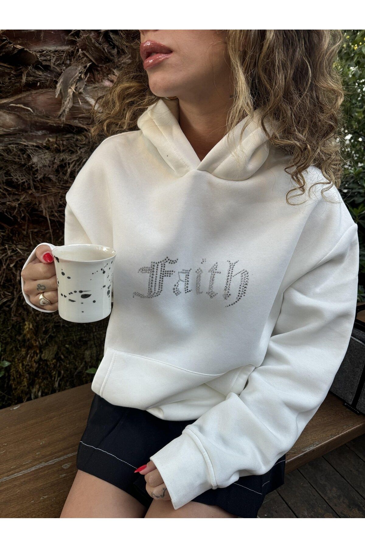 Gia-Art-Faith Written Stone Printed Hooded Fleece Inside Oversize White Sweatshirt 6