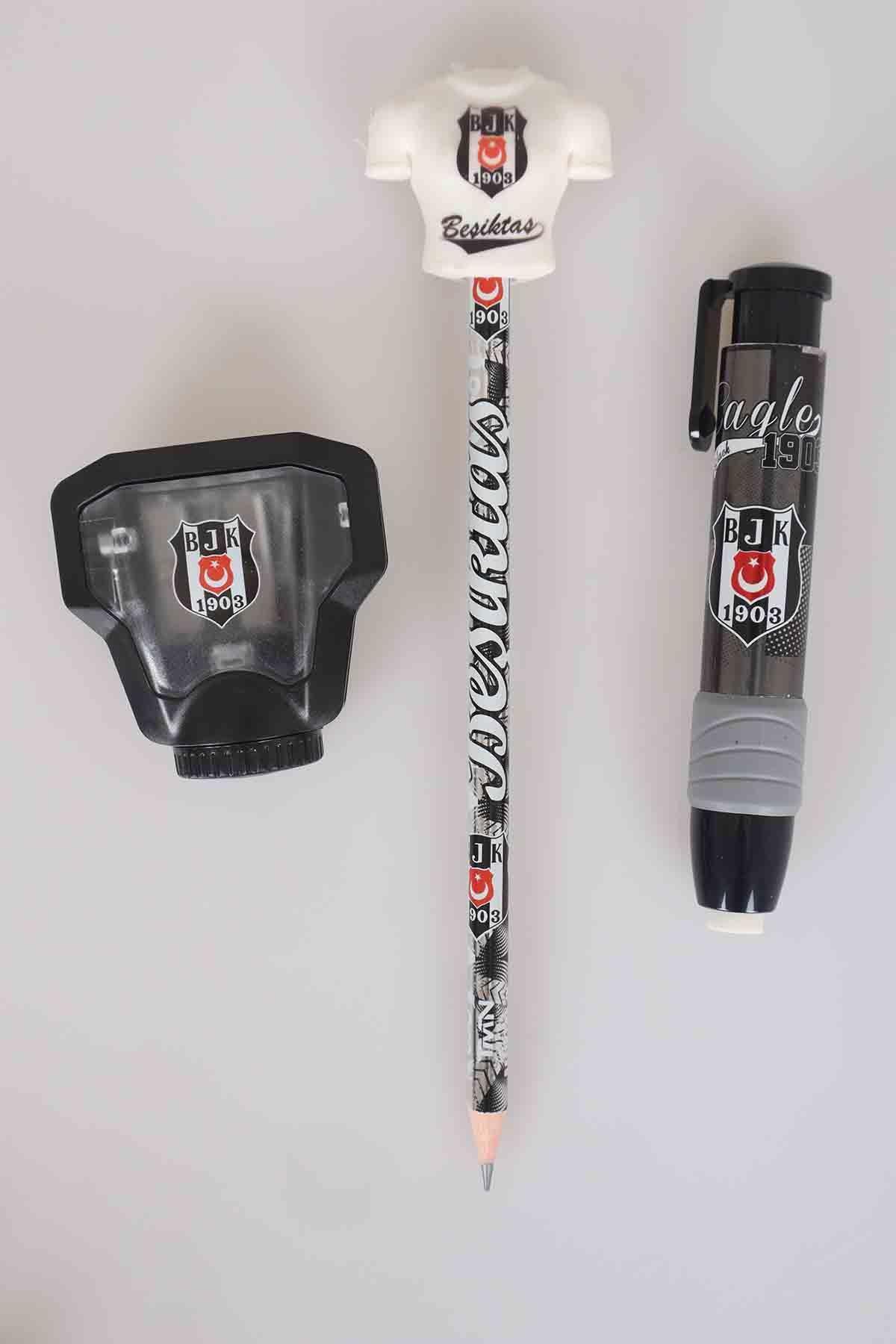 Beşiktaş LİSANSLI BEŞİKTAŞ LİSANSLI OTOMATİK KALEMTRAŞ,ROKET SİLGİ VE FORMA SİLGİ TEPELİ KURŞUN KALEM SETİ