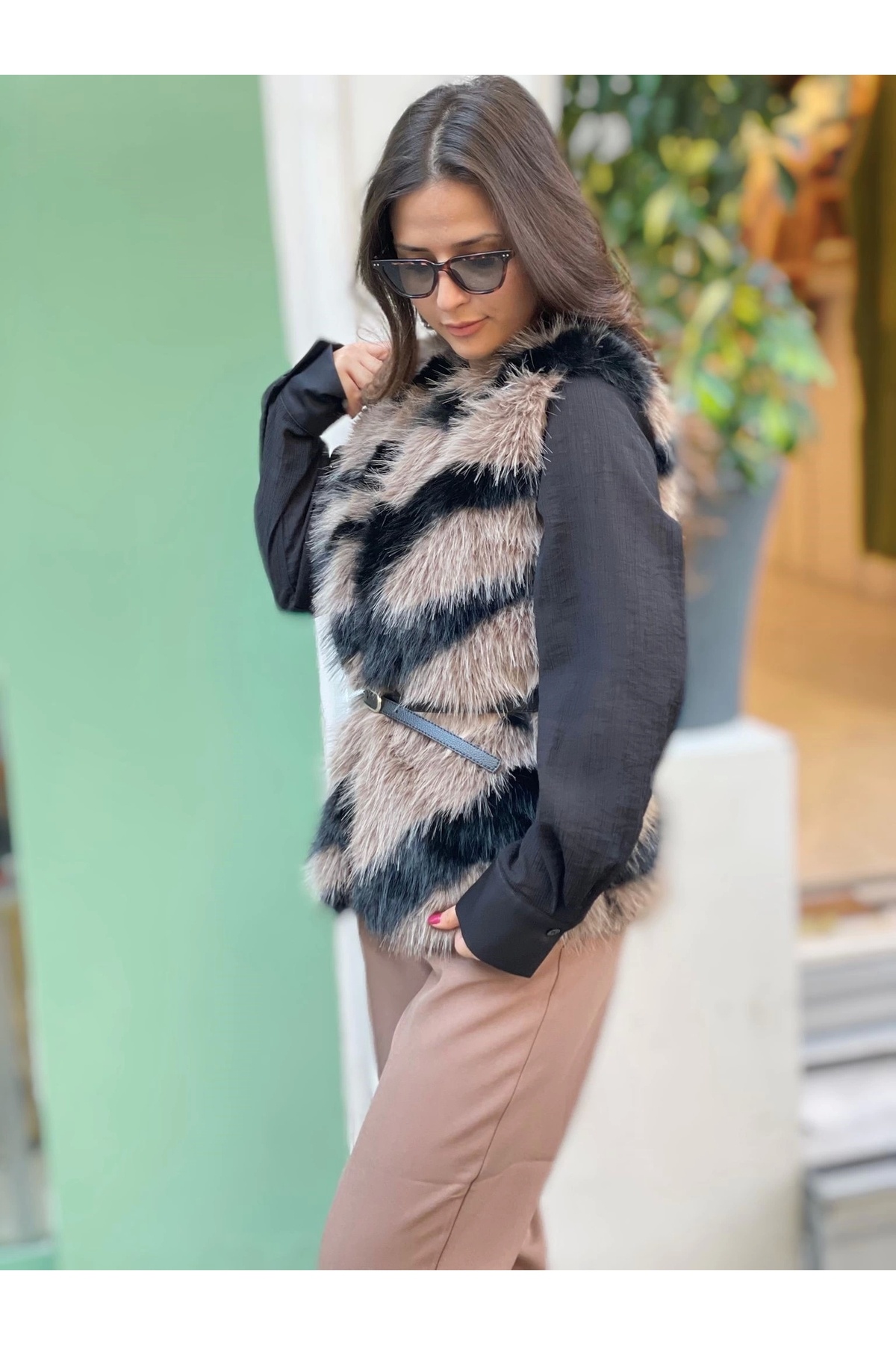 Selence-Zebra Print Fur Vest - Belt and Brown 1