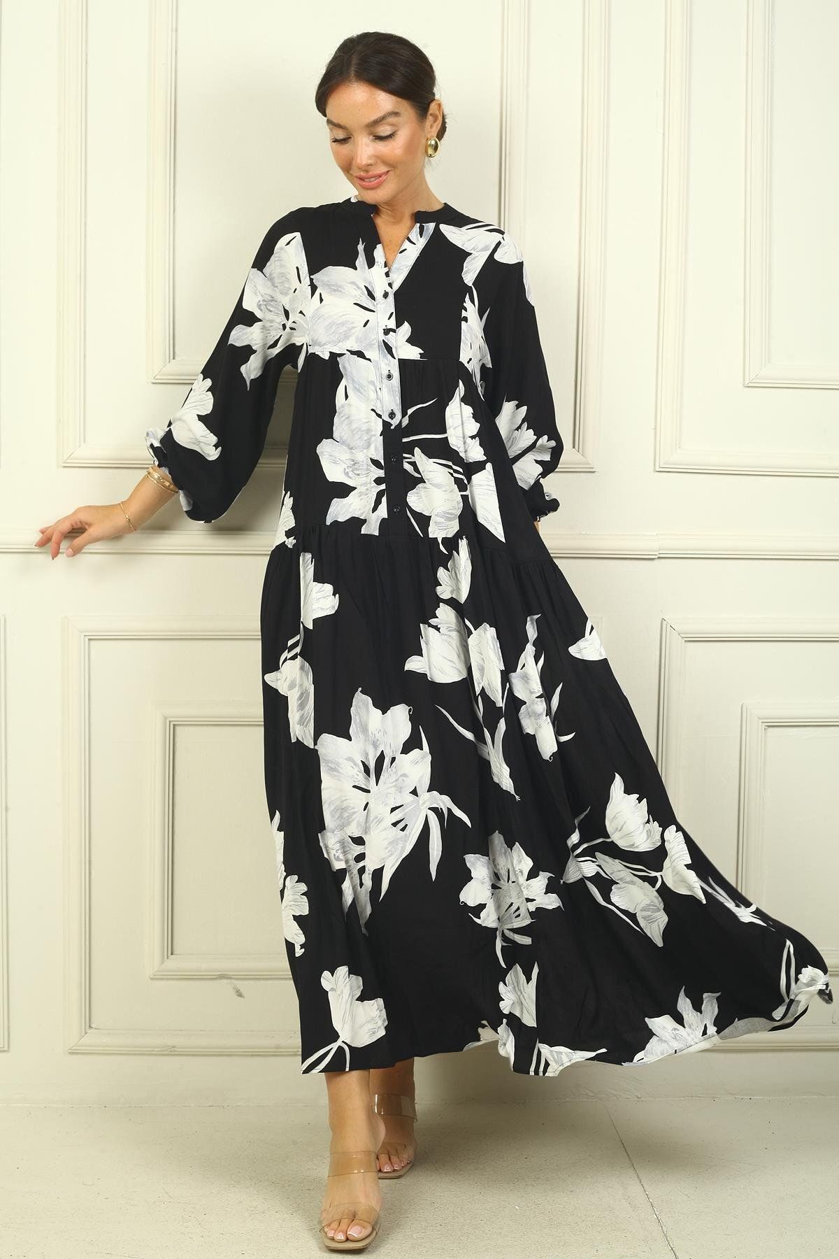 By Saygı-Half Buttoned Front Elastic Sleeve Rose Pattern Printed Hijab Long Dress 2
