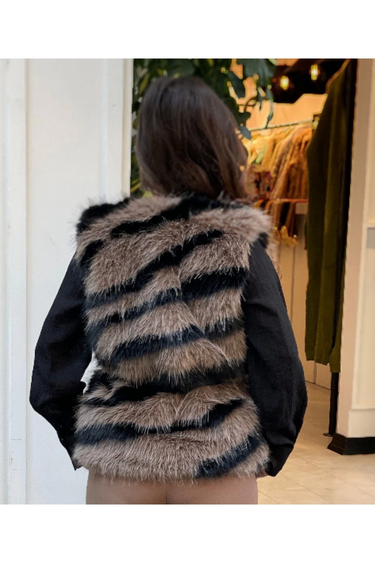 Selence-Zebra Print Fur Vest - Belt and Brown 4