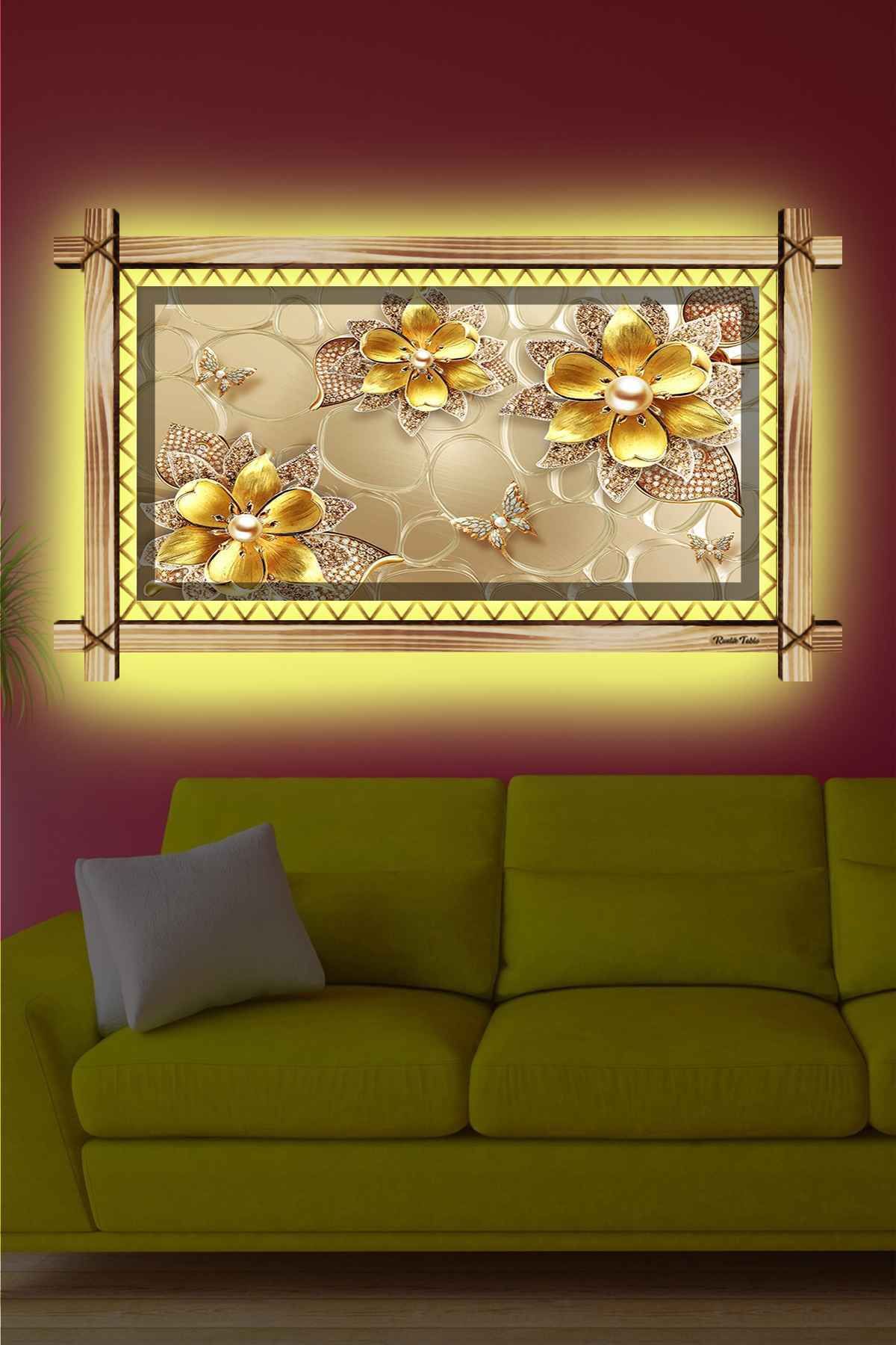 First Date GOLD ÇİÇELER RUSTİK LEDLİ TABLO