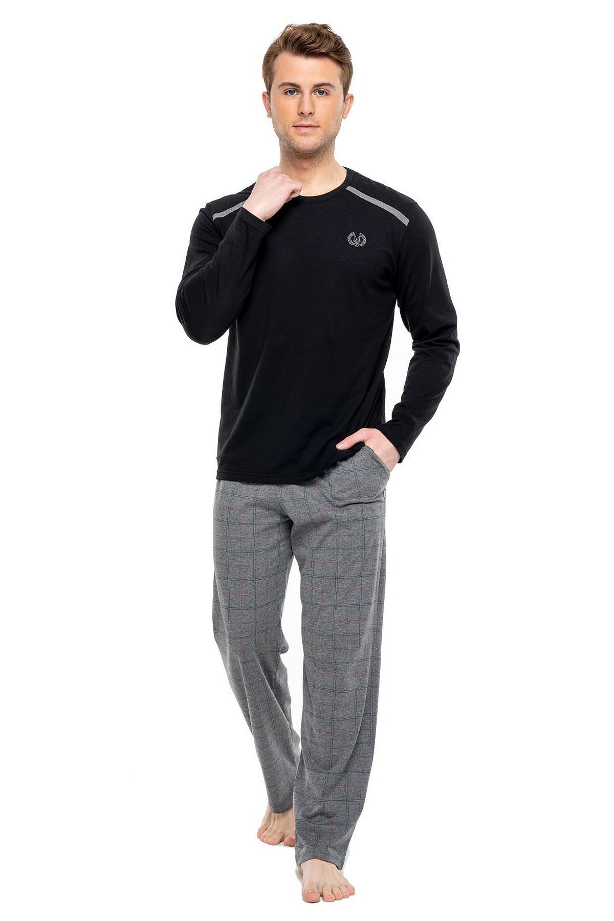 Mod Collection-3913 Men's Black Round Collar Long Sleeve Pajama Set - black 1
