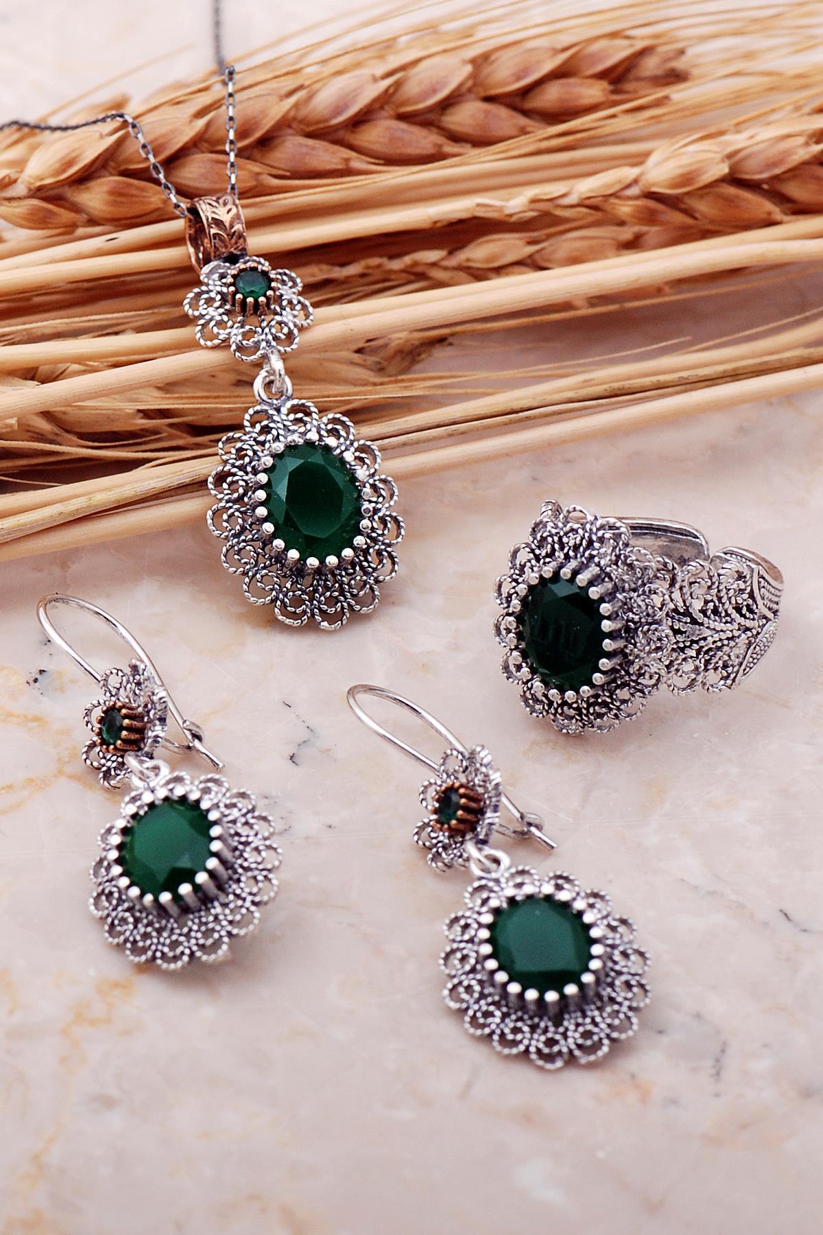 Sümer Telkari Kök Zümrüt Taşlı Telkari Elişi Gümüş Set 2381