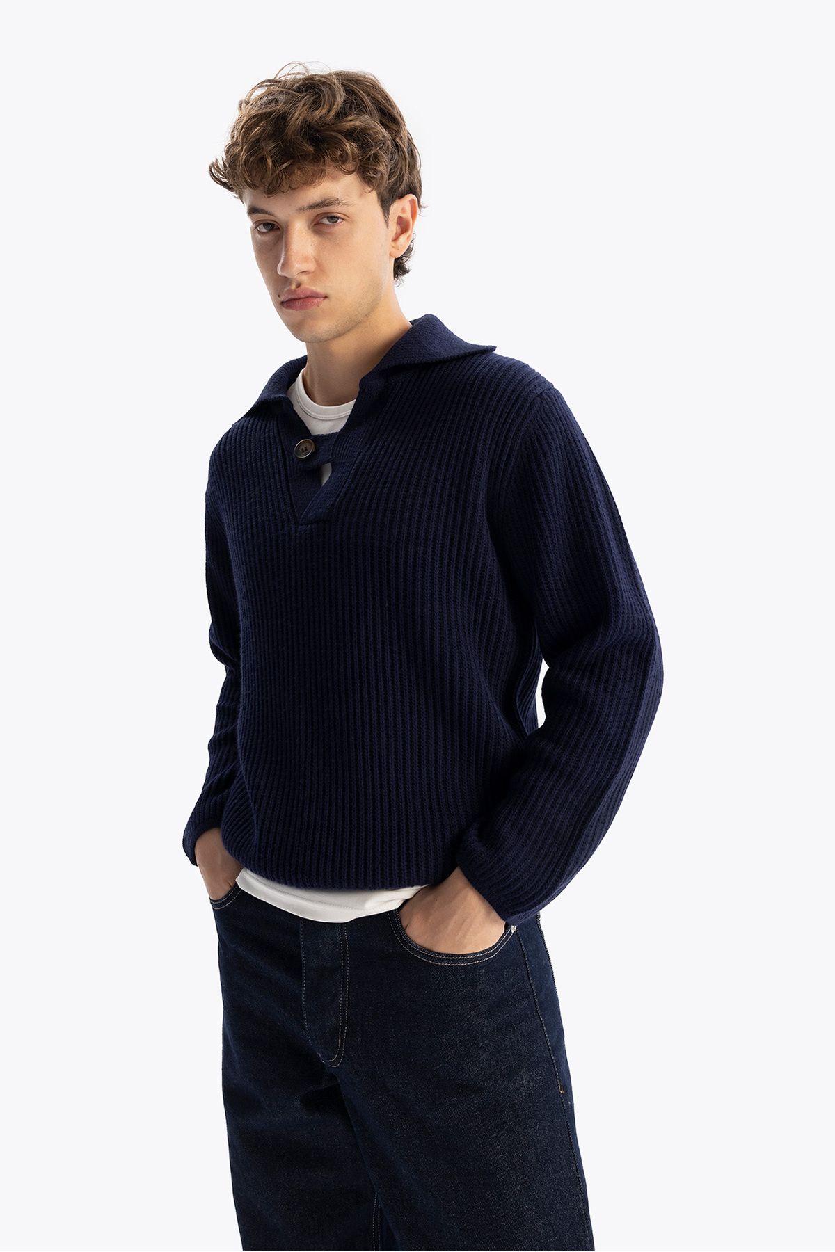 GIESTO-Navy Blue Buttoned Knitwear Sweater 5