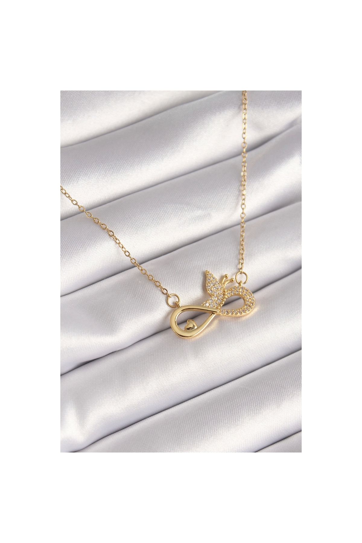 Narnuga 316L Çelik Gold Renk Zirkon Zincir Taşı Sonsuzluk Kelebek Model Kadın Kolye - TJ-BKO8386