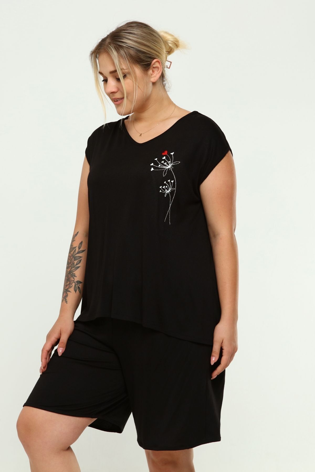 tarzımsüper-Plus Size ComfortaBle Curve Shorts Pajama Set - Black 6