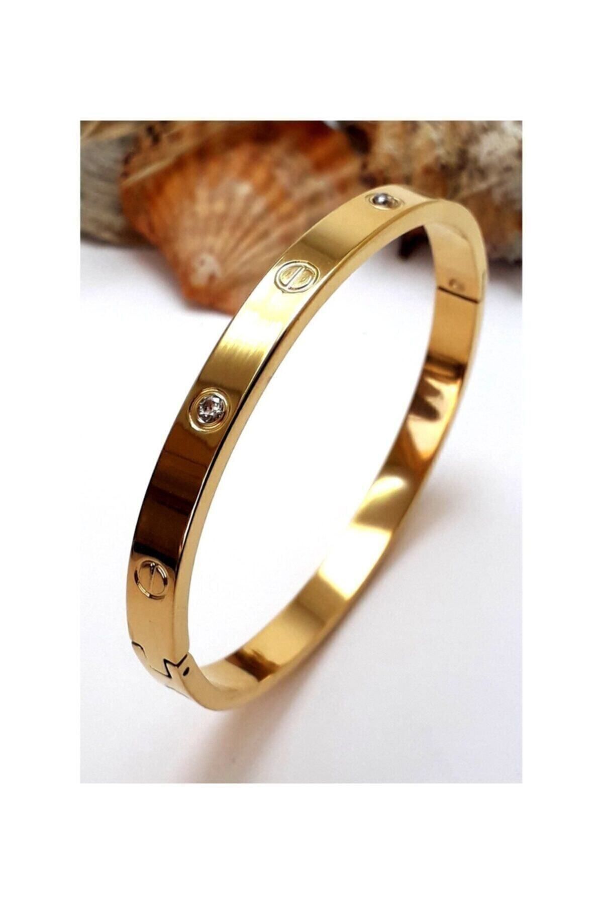 JEWELRY Kadın Altın Kalın Model Çelik Taşlı Bileklik