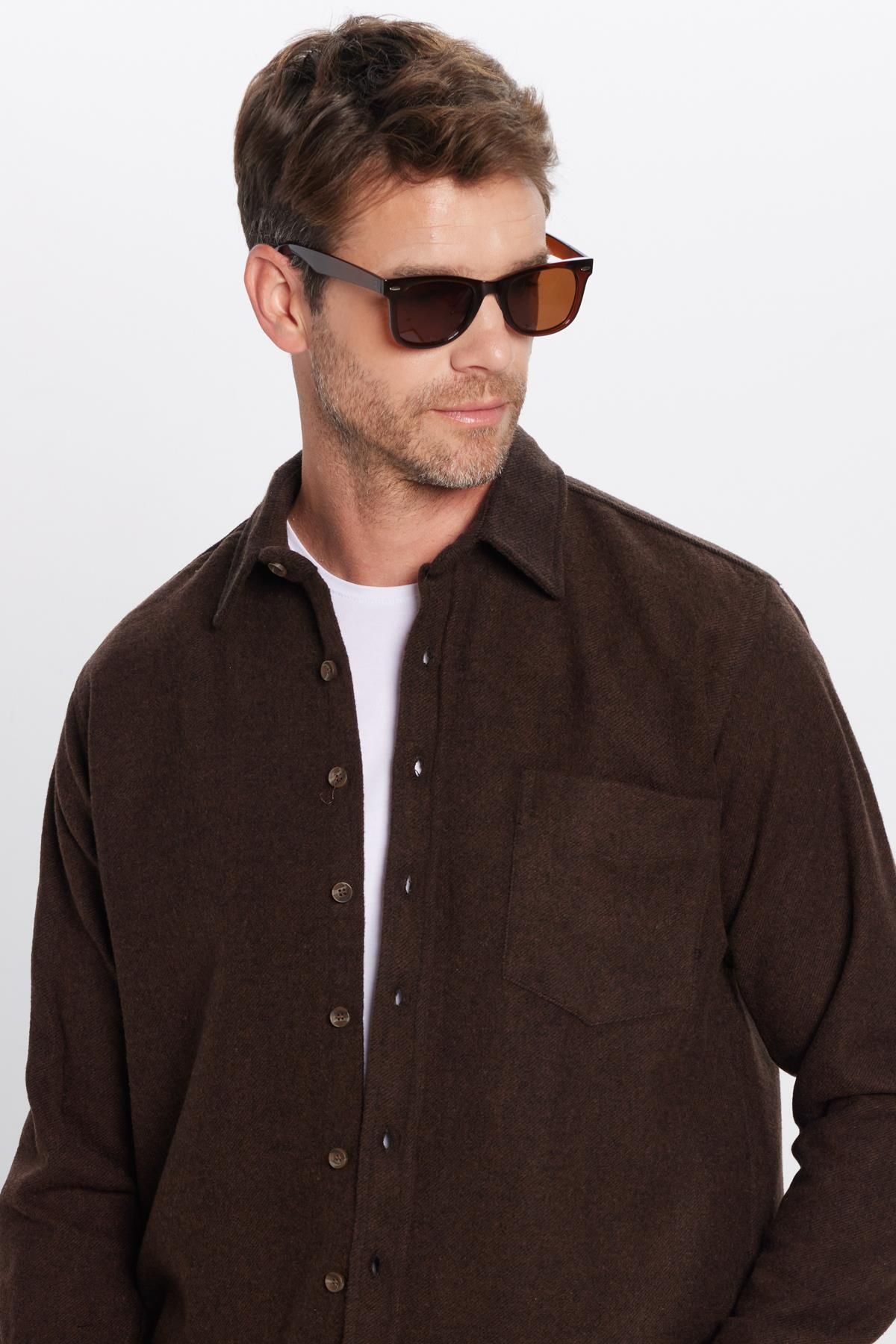 Tudors-Men's Classic Fit Regular Cut Lumberjack Single Pocket Brown Plain Winter Shirt 1