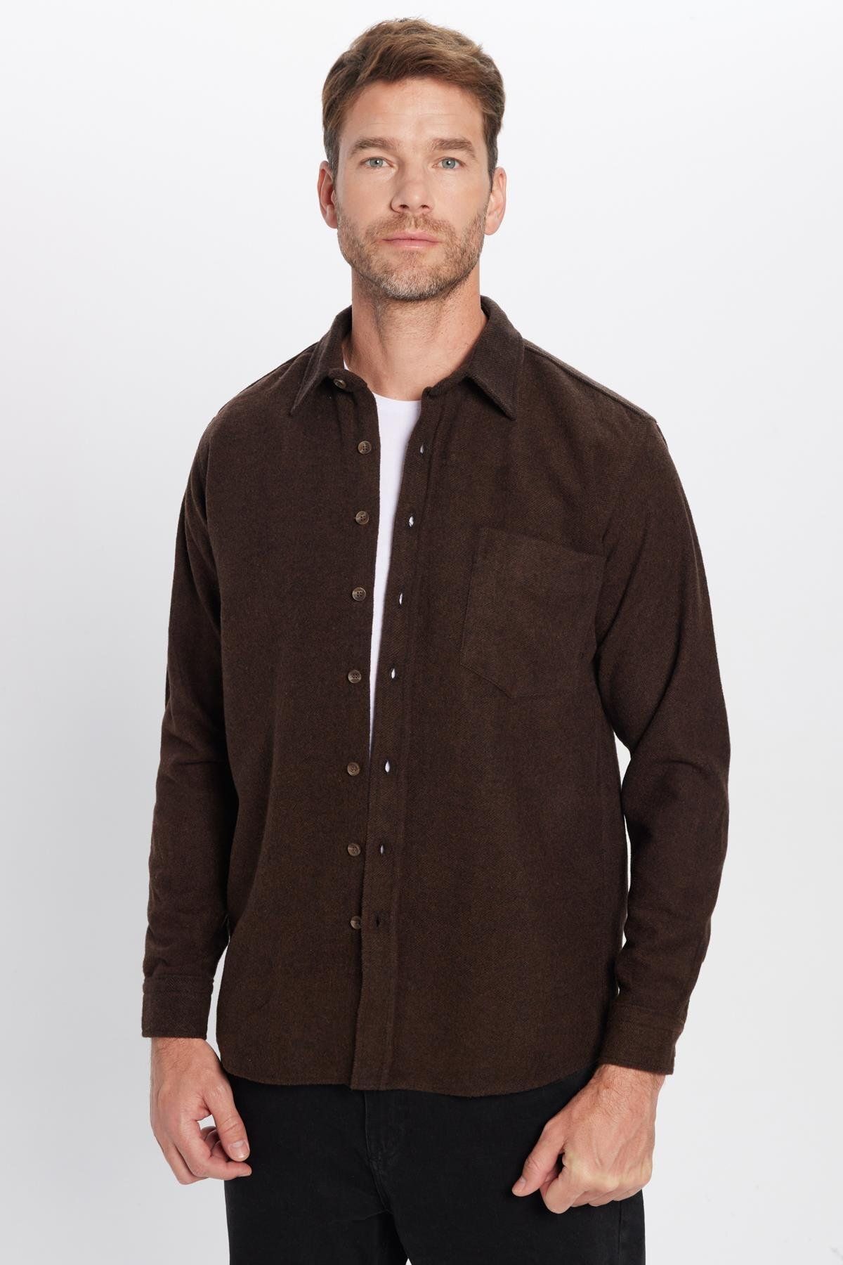 Tudors-Men's Classic Fit Regular Cut Lumberjack Single Pocket Brown Plain Winter Shirt 4