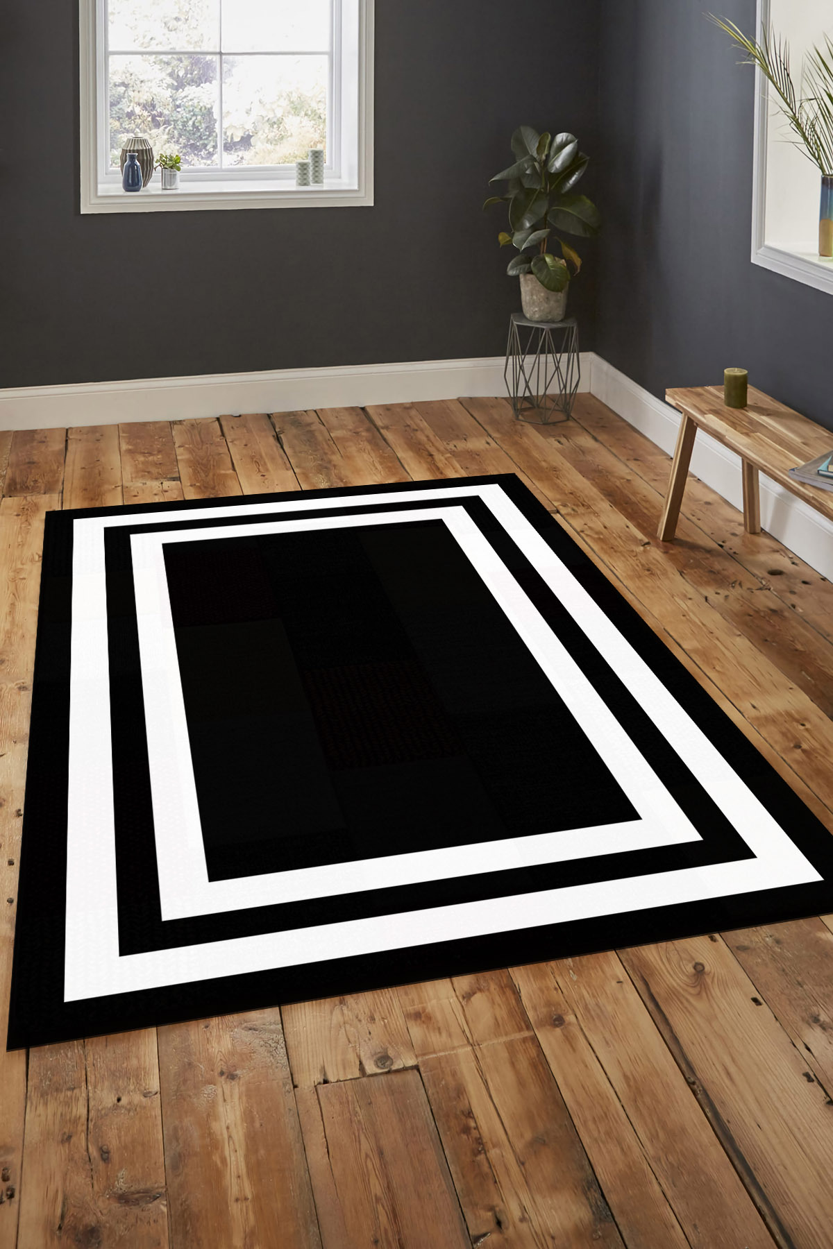 Carpet Non-Slip Leather Sole Washable Rug PL4703 Black White