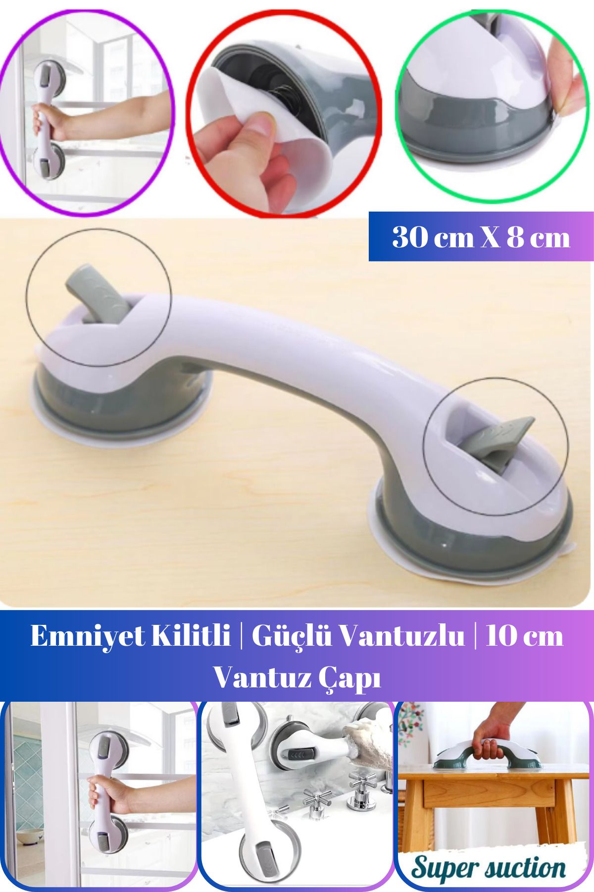 Hane Dostu Düşme Kayma Önleyici | Emniyet Kilitli | Güçlü Vantuzlu Banyo Tuvalet Tutacağı