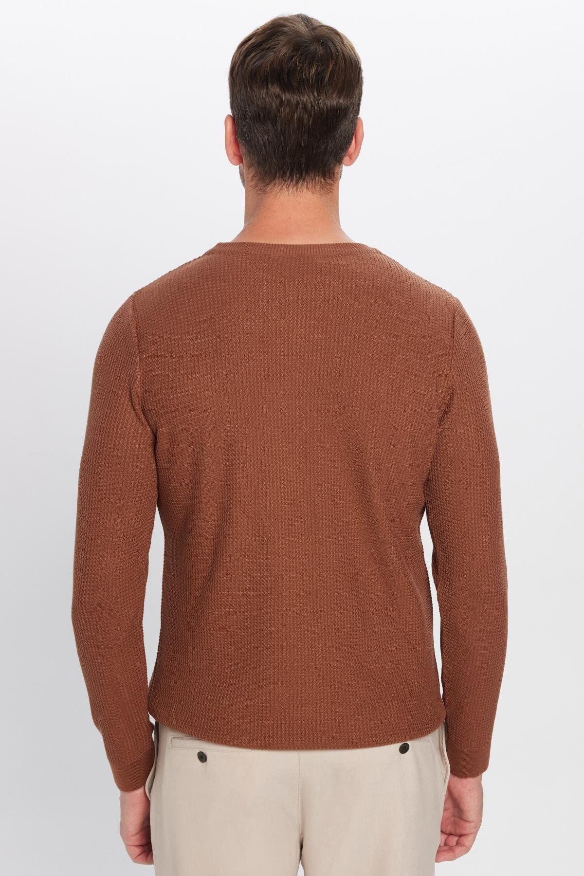 Tudors-Slim Fit Crew Neck Patterned Tan Men's Sweater 6