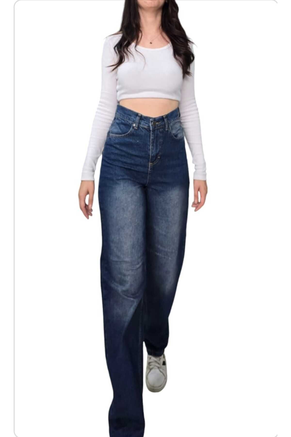 TRENDNATUREL-Blue Baggy Jeans - Buckle Detailed, Green Tint, Chemical, Super High Waist, Lycra Free 7