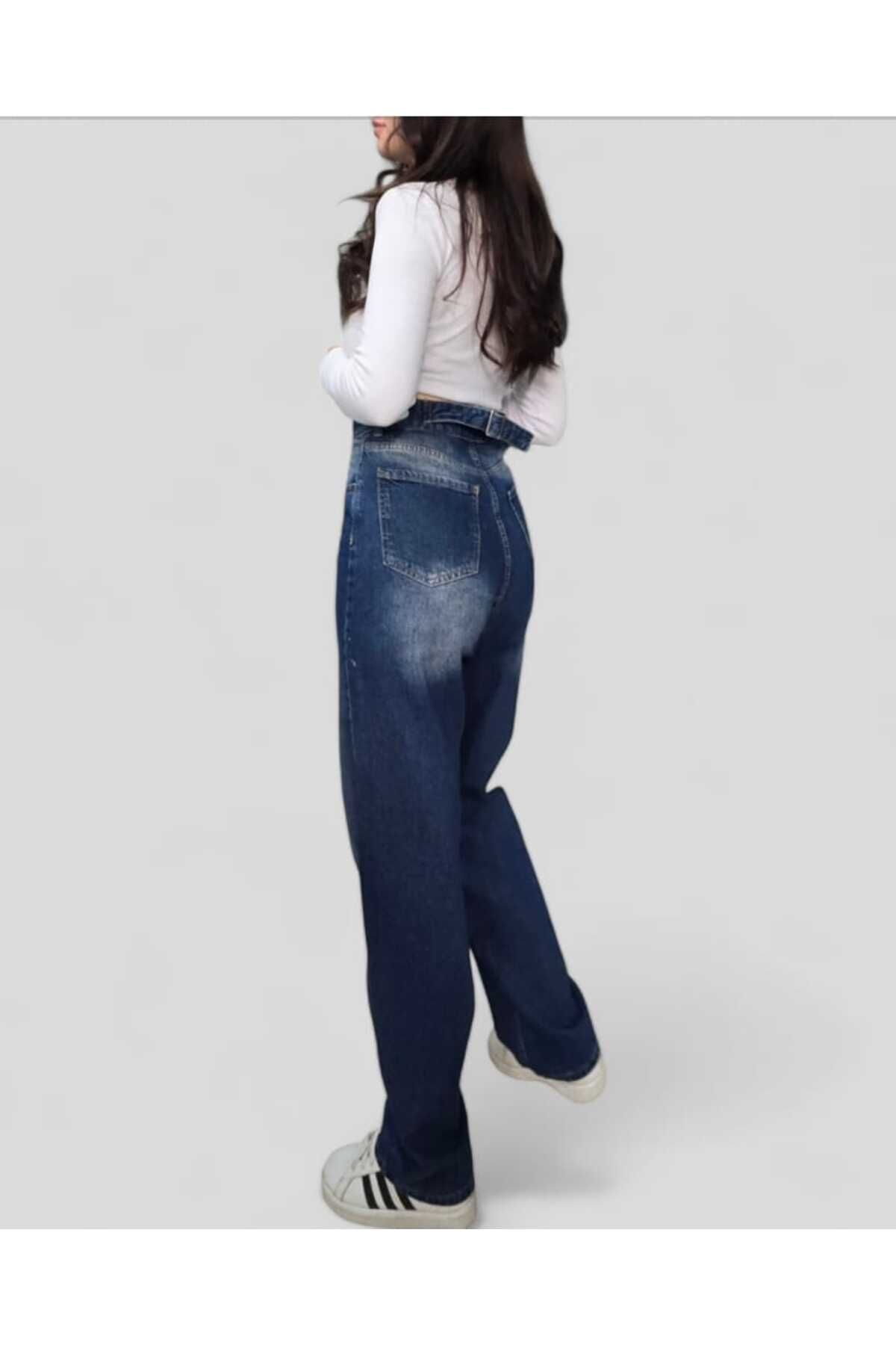 TRENDNATUREL-Blue Baggy Jeans - Buckle Detailed, Green Tint, Chemical, Super High Waist, Lycra Free 6