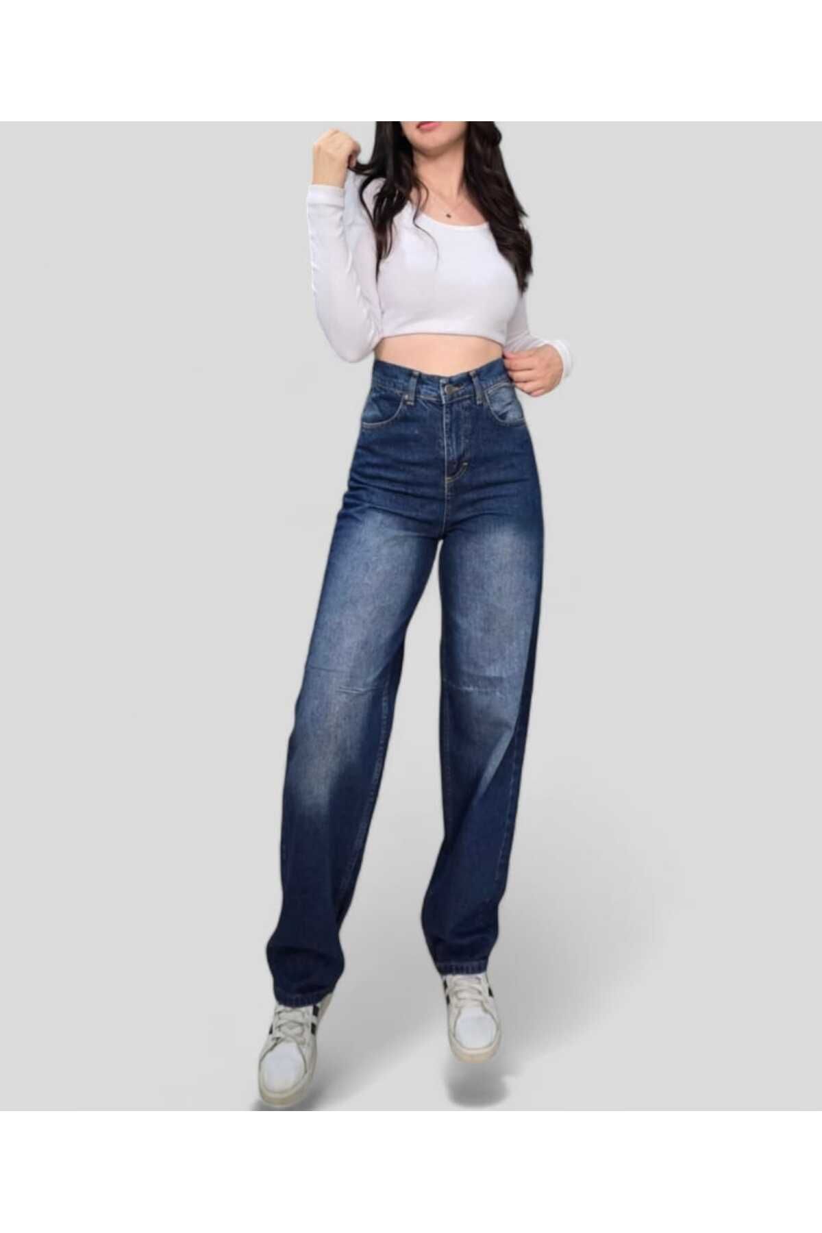 TRENDNATUREL-Blue Baggy Jeans - Buckle Detailed, Green Tint, Chemical, Super High Waist, Lycra Free 1