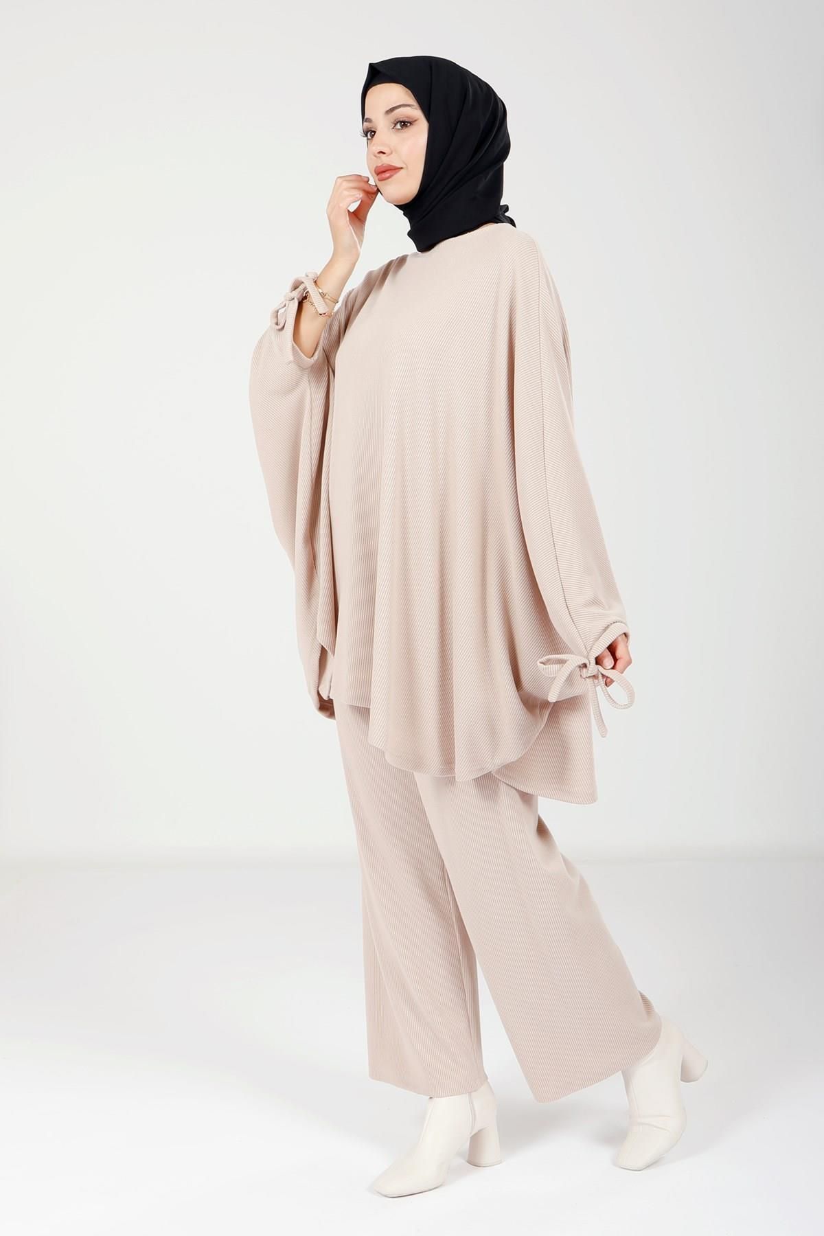 پانچو پوشیده زنانه رنگ سنگ HIJAB PONCHO شلوار 9112 Beyza