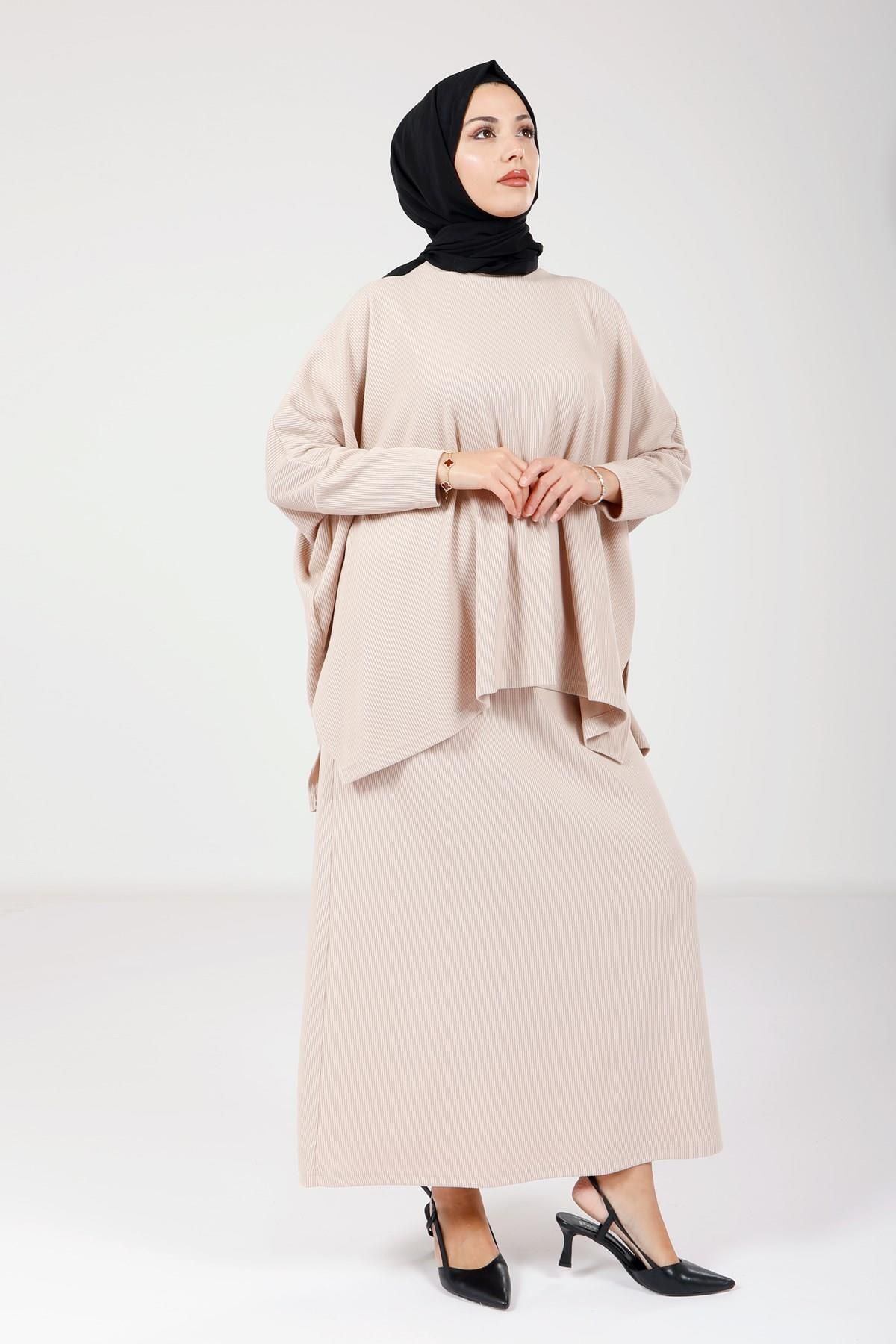 ست بالاپایین پوشیده زنانه لباس سنگ بافتنی رنگ دامن حجاب تونیک 9093 Beyza