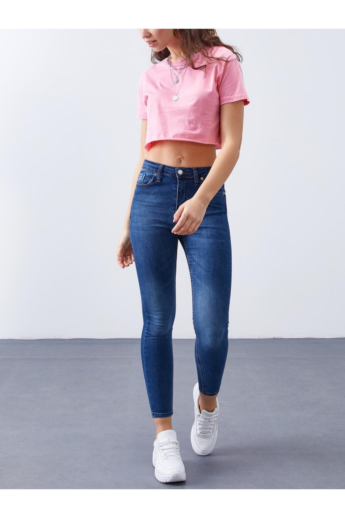 geenz manifacture Kadın Mavi Yüksek Bel Dar Paça Skinny Likralı Kot Pantalon