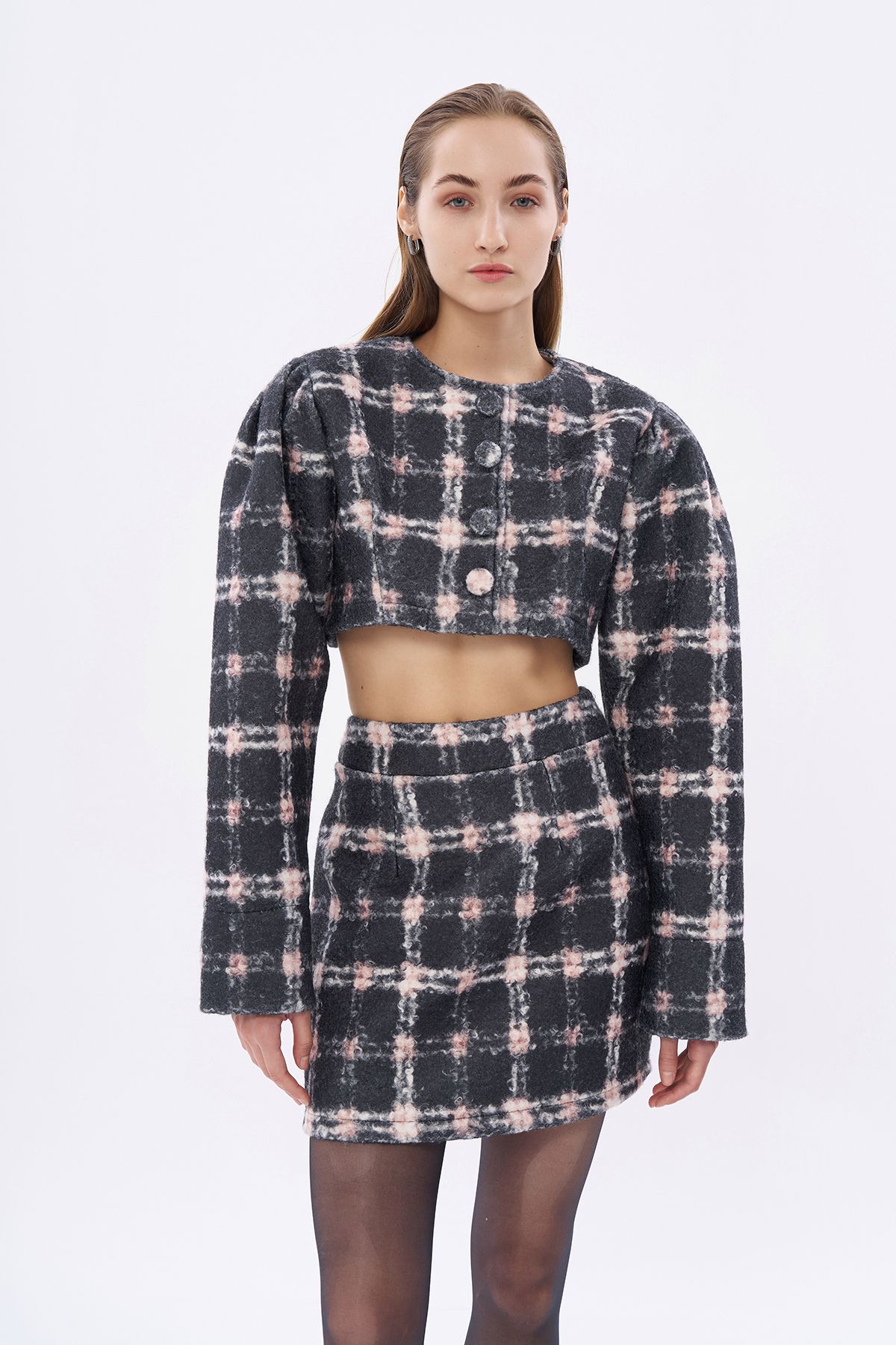 Quzu-Gray Mini Skirt - Gray Patterned 4