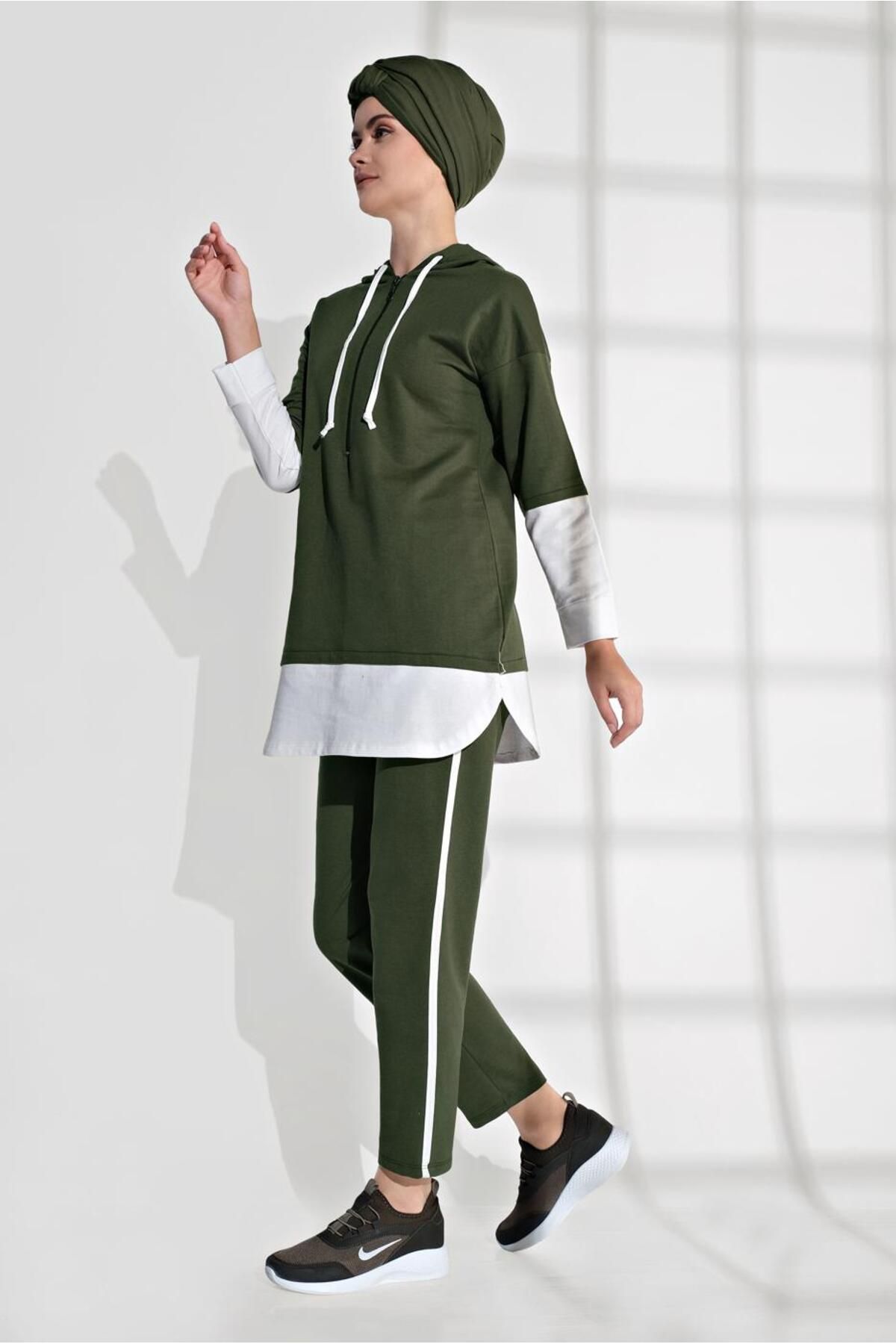 TRENDTESETTÜR-Women's Khaki Piece Detailed Tracksuit Set 8202 3