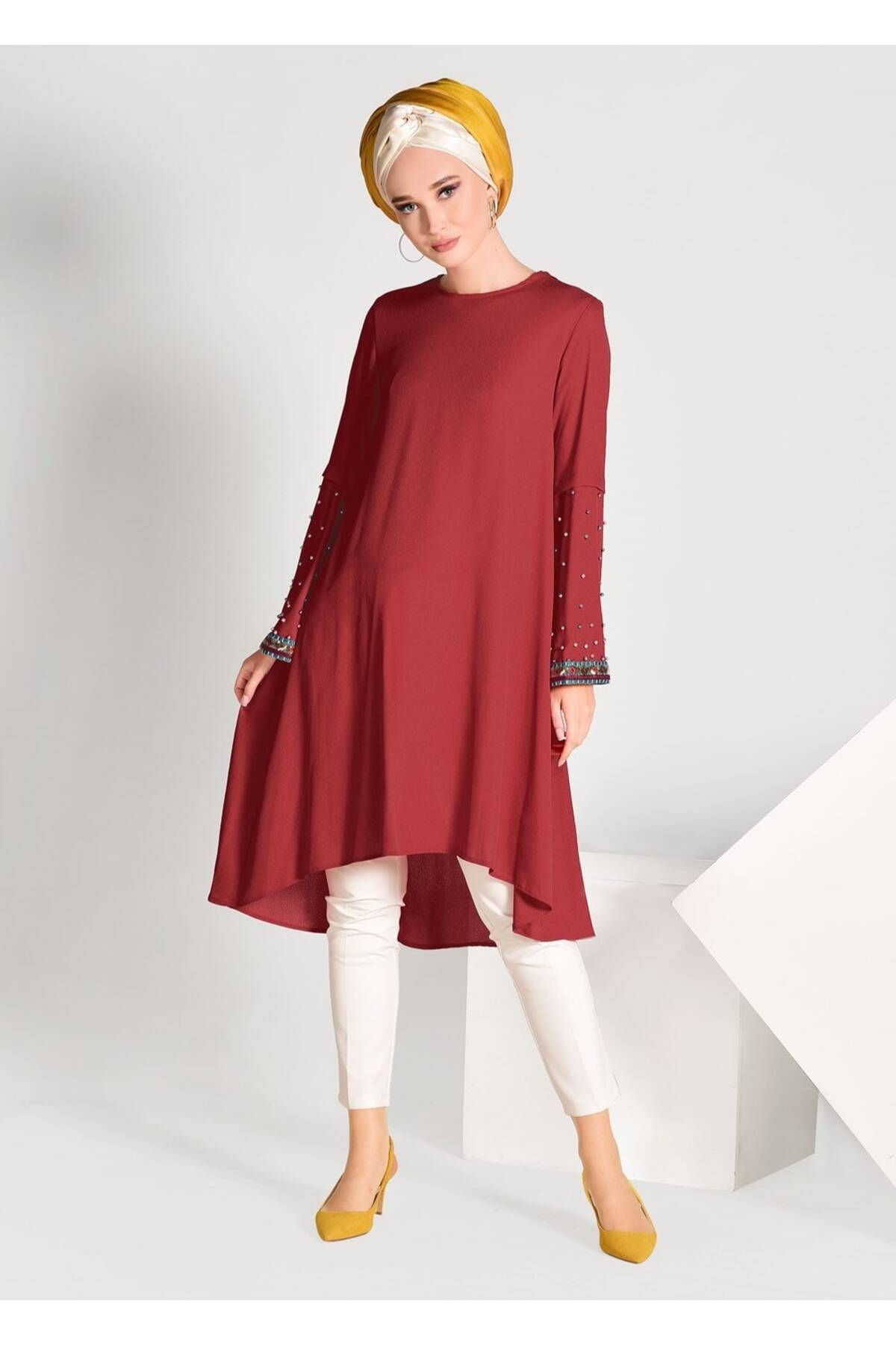 TRENDTESETTÜR-Women's Red Bead Embroidered Asymmetric Cut Tunic 02071 3