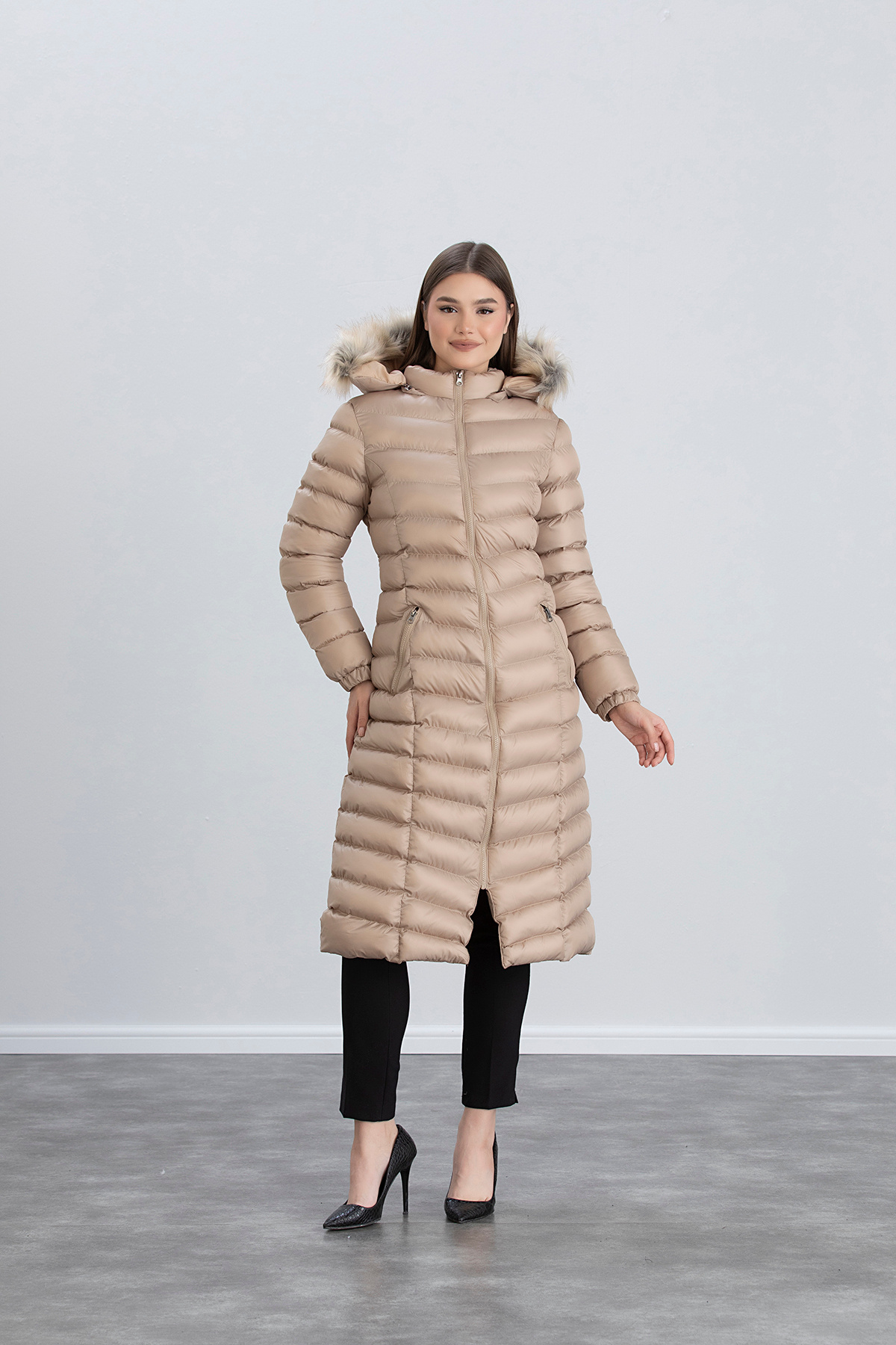Women's Cream Long Inflatable Coat Hooded Furry