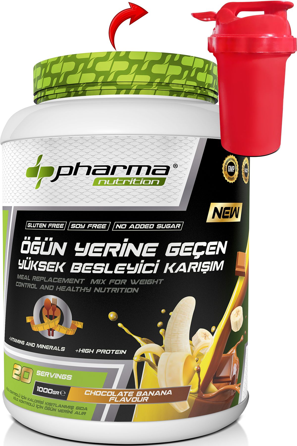 Pharma Nutrition Proteinli Öğün Tozu Öğün Yerine Geçen Besleyici Shake Çikolata Muz Aromalı 20 Servis 1000 Gr