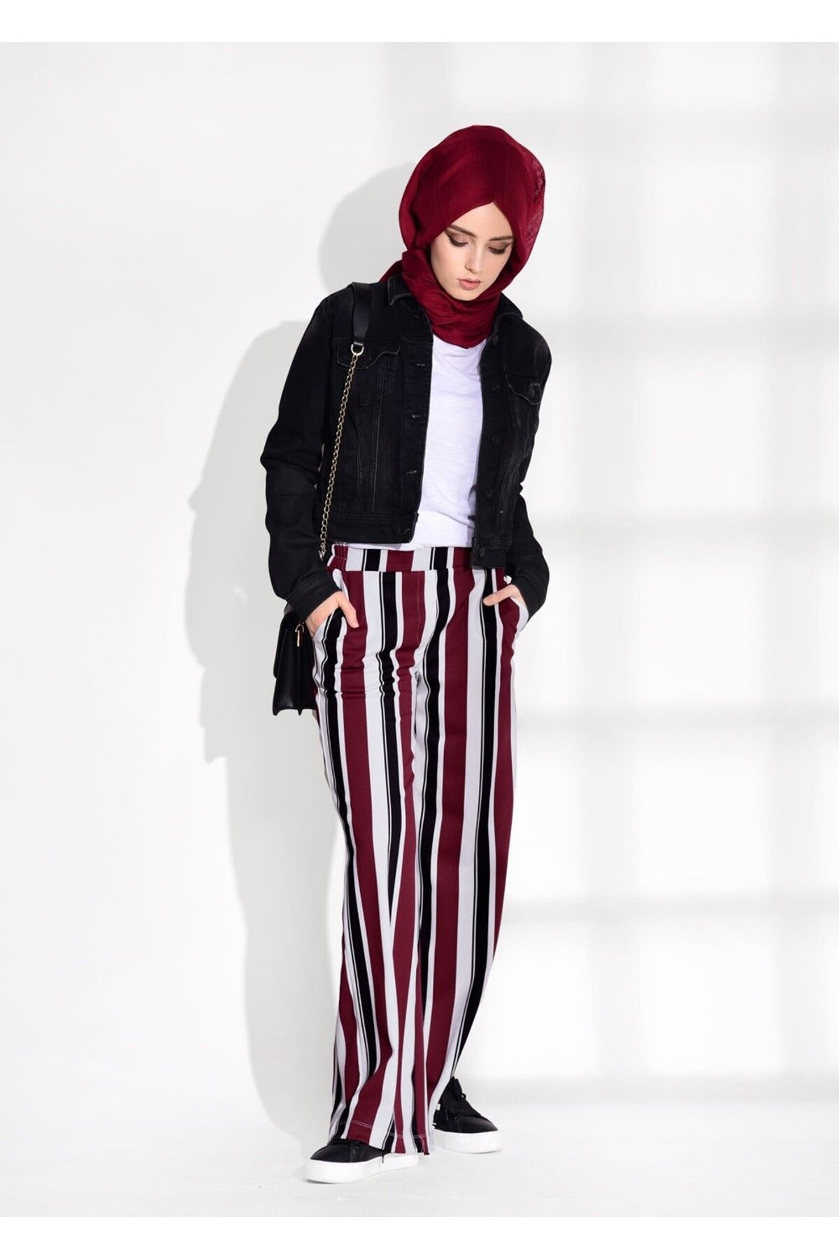 TRENDTESETTÜR-بنطلون نسائي منقوش باللون العنابي (BORDO-BLACK) T 962 Bsm-Line 2