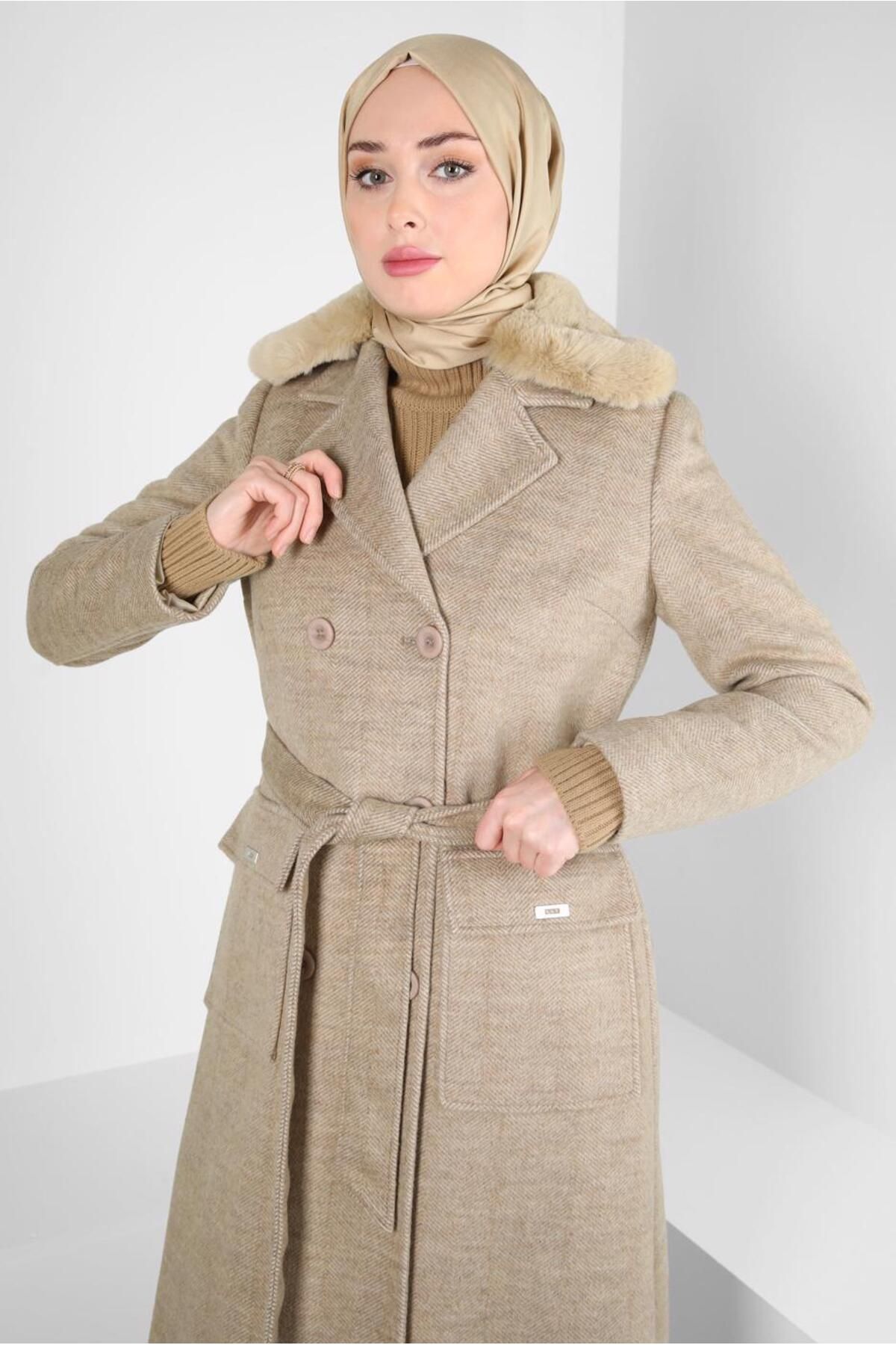 کت کمربند خز دار 90463-1 Alvina