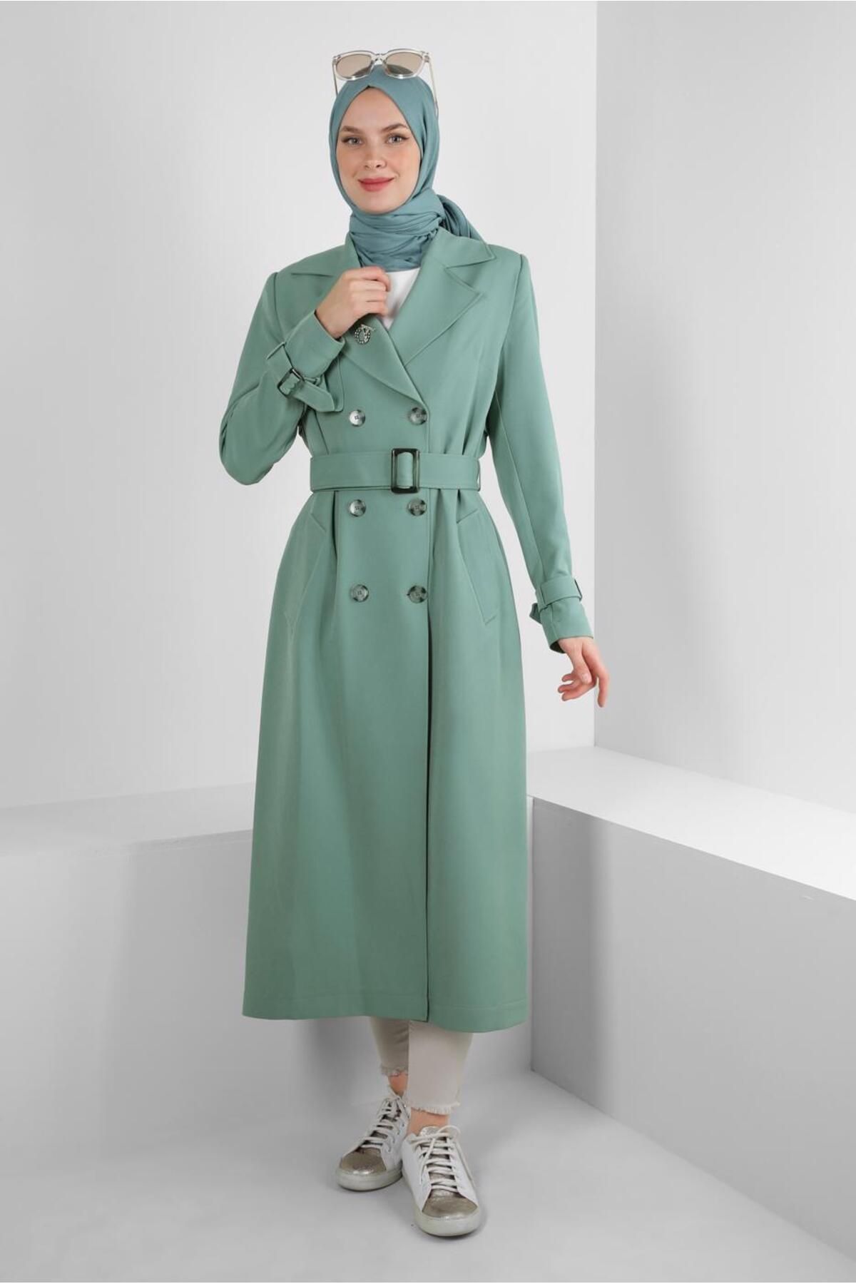 مانتو ترنچ یقه دوبل بنددار 10751 Alvina