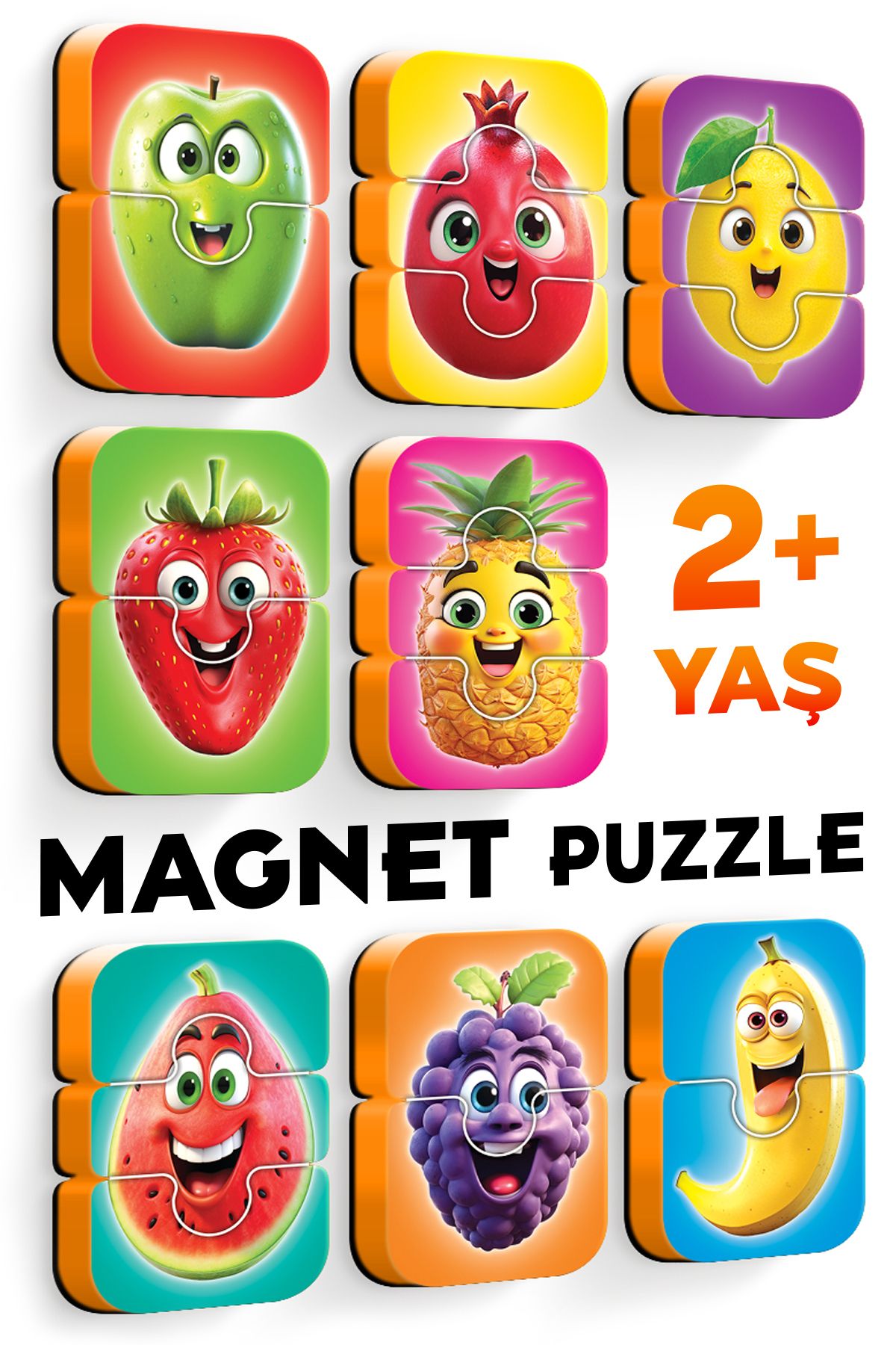 EVAKANCA Meyveler Mıknatıslı Yapboz 8 Adet 2-3 Parçalı Magnet Puzzle 2 Yaş