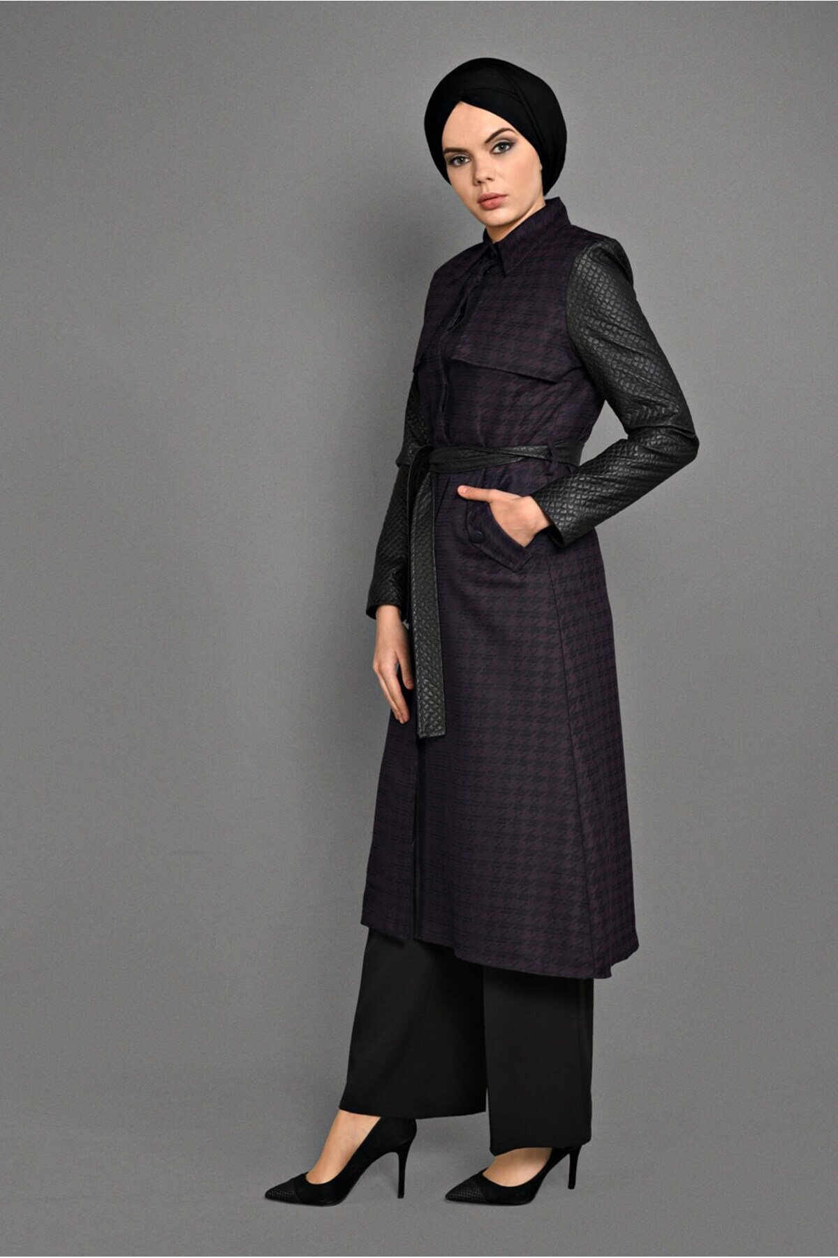 TRENDTESETTÜR-Leather Sleeves Houndstooth Patterned Trench Coat 1134 3