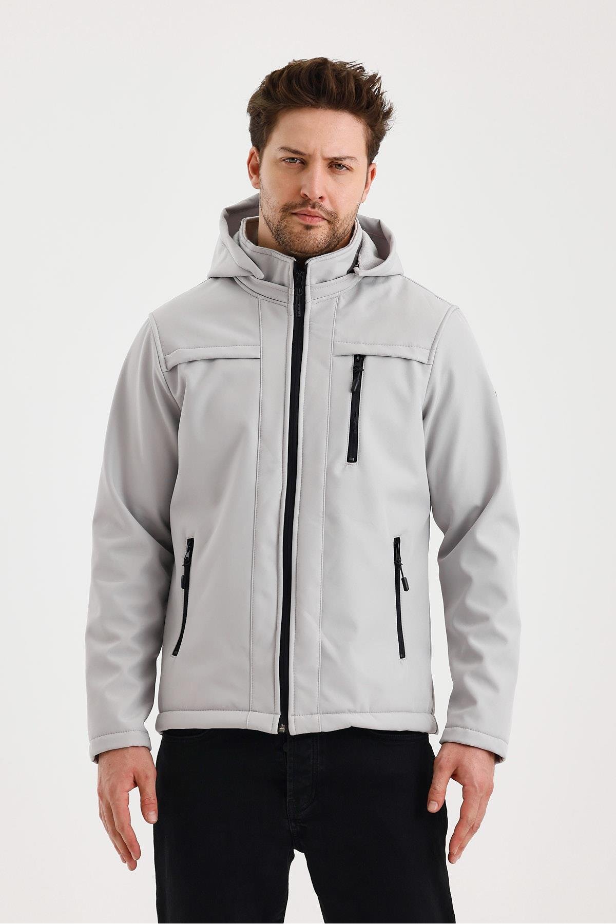 Yeşil Erkek %100 Su Geçirmez İçi Polarlı İç Çepli Çıkartılabilir Kapüşonlu Softshell Mont & Kaban - Krem