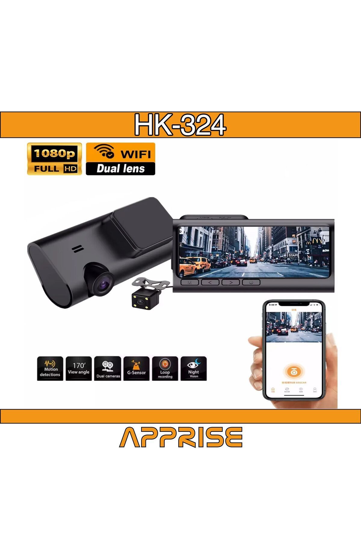 Apprise HK-324 IPS Ekran 3.16" Wifi Bağlantılı Çift Kamera Araç Içi Kamera