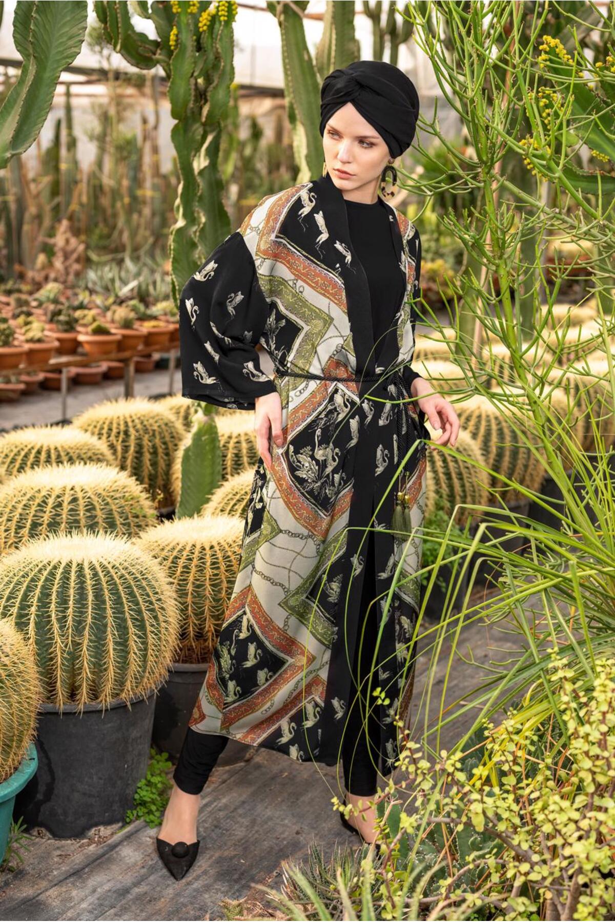 کیمونو 4089 کمربند اکرو زنانه (EKRU-KHAKI) طرح دار TRENDTESETTÜR