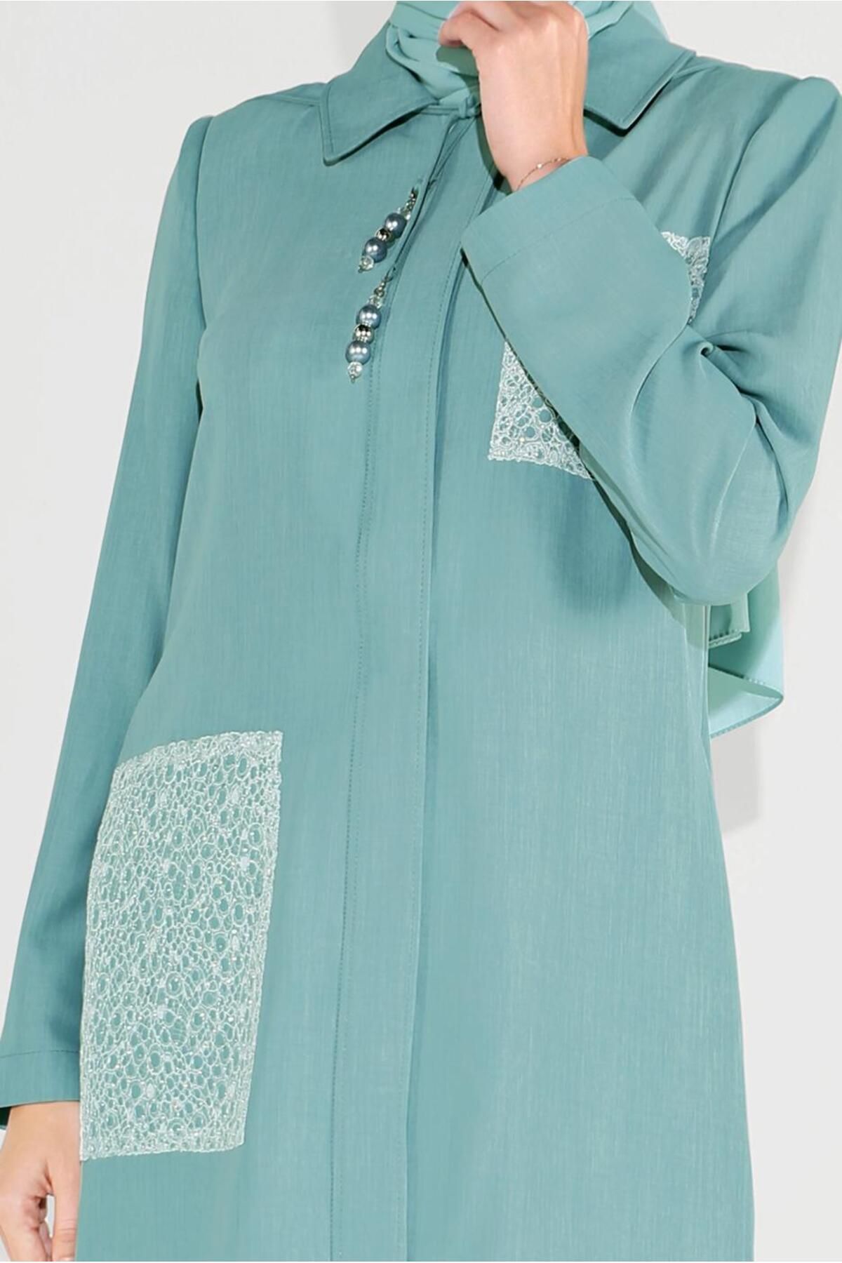 TRENDTESETTÜR-Women's Green (MINT) Embroidered Hooded Trench Coat with Pockets 10194 4