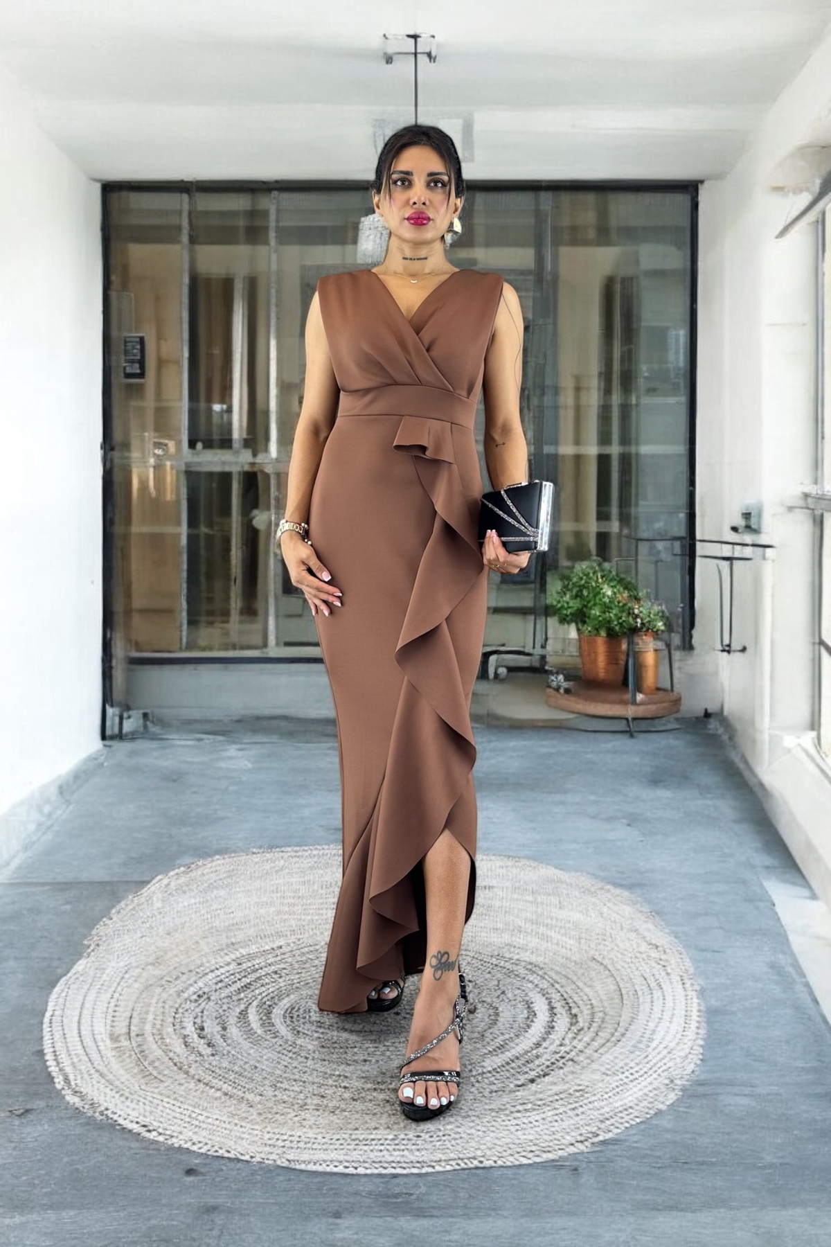 Women's Scuba Diver Fabric Wrap Collar Skirt Flywheel Coffee Dress