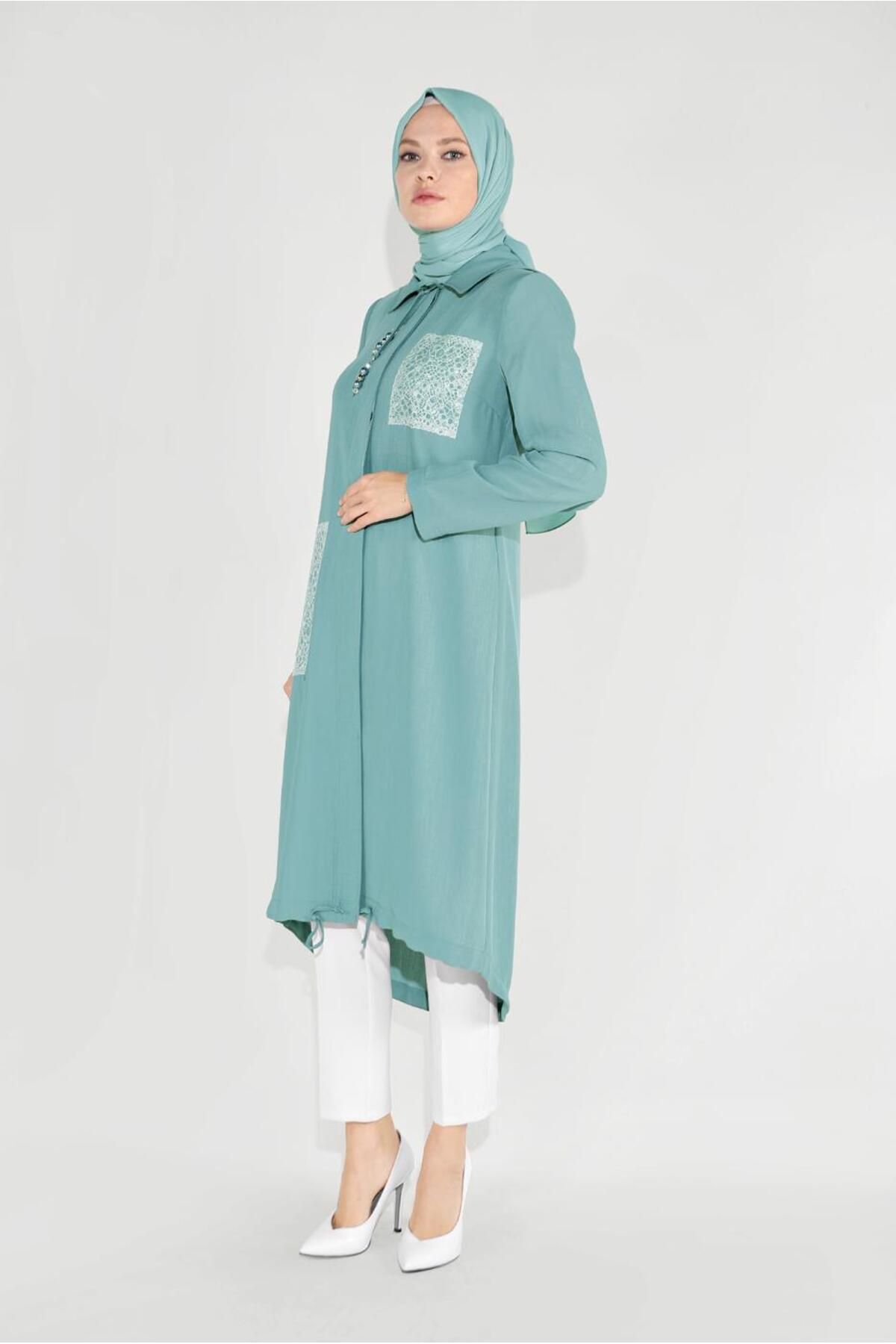 TRENDTESETTÜR-Women's Green (MINT) Embroidered Hooded Trench Coat with Pockets 10194 2