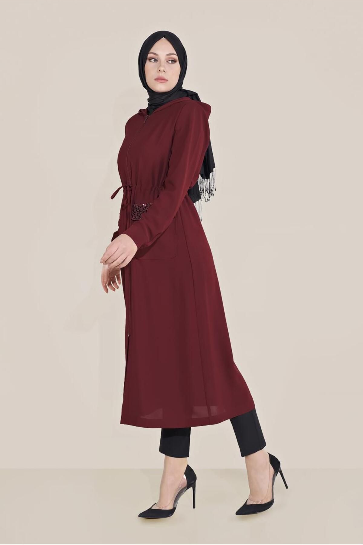 TRENDTESETTÜR-Women's Burgundy Pockets Sequined Waist Lace-up Trench Coat 10227 2