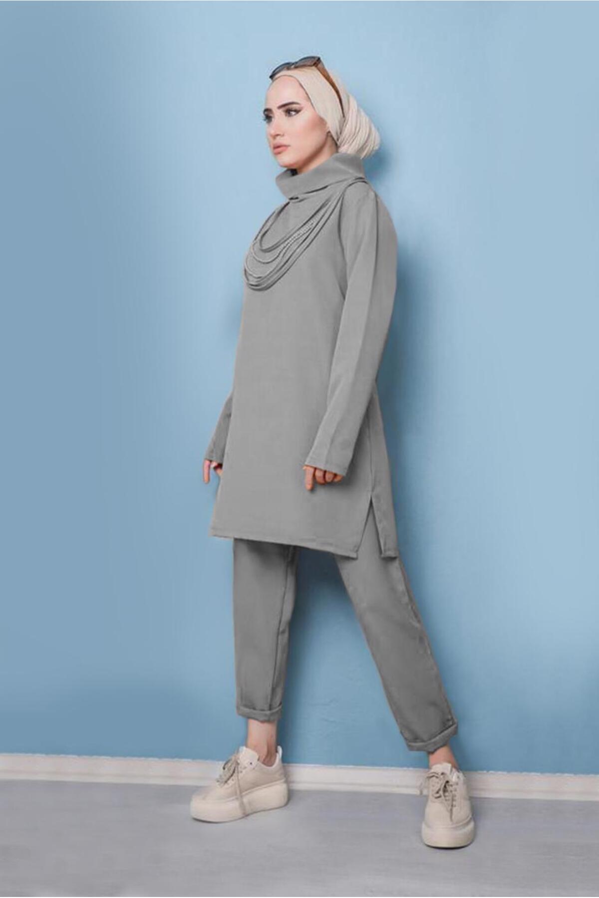 ست شلوار دو تکه زنانه یقه گرد خاکستری ۷۵۸۶ TRENDTESETTÜR