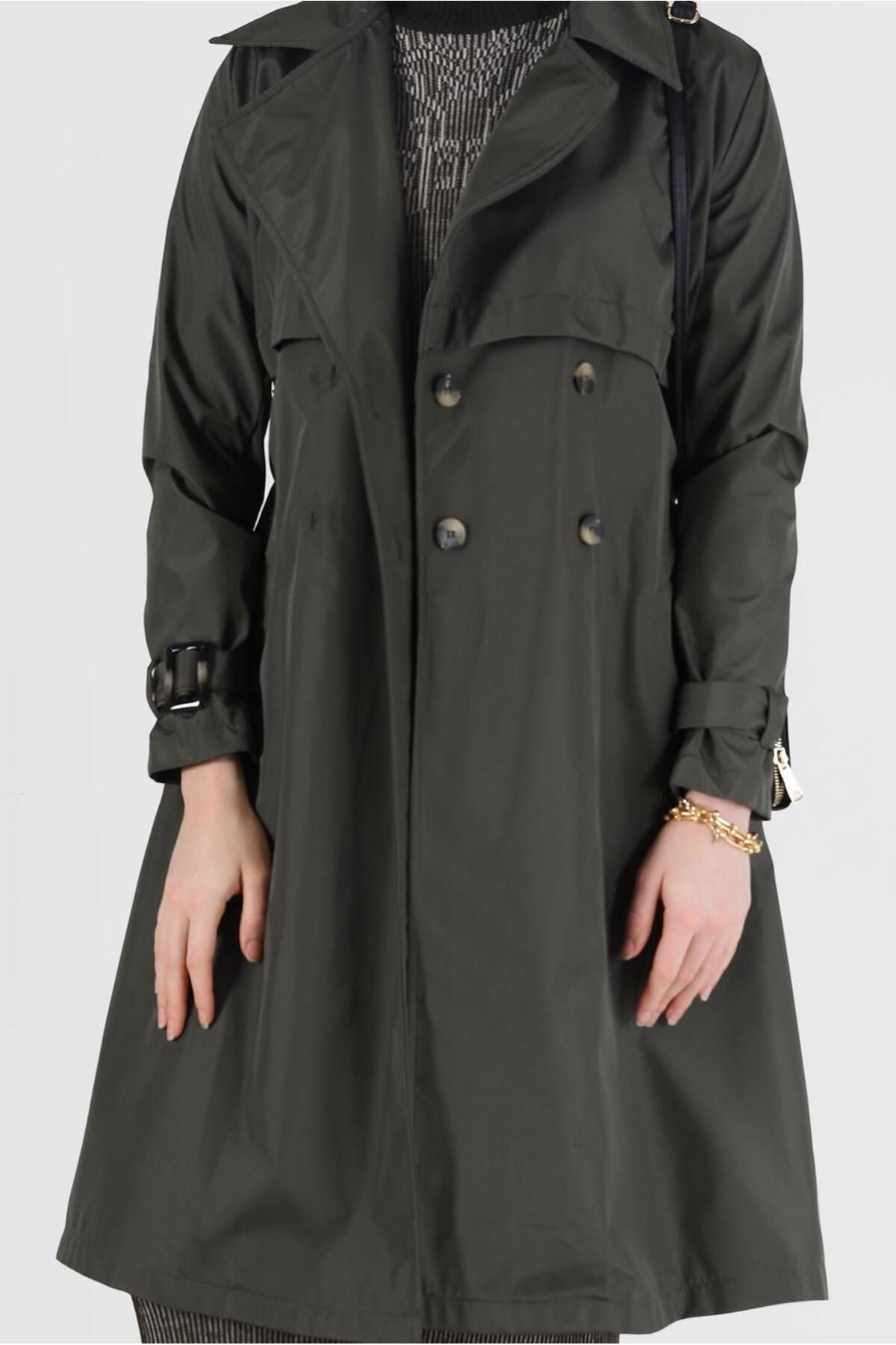 TRENDTESETTÜR-Buttoned Trench Coat with Sleeves Belt Detail 3565 4