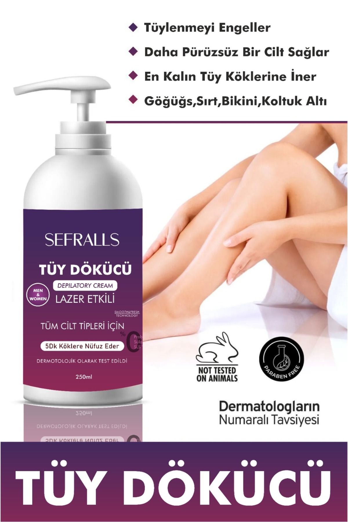 Sefralls Lazer Etkili Tüy Dökücü Ve Tüy Azaltıcı Epilasyon Krem Tüm Cilt Tipleri Için (ÖZEL FORMÜL) 250 ml