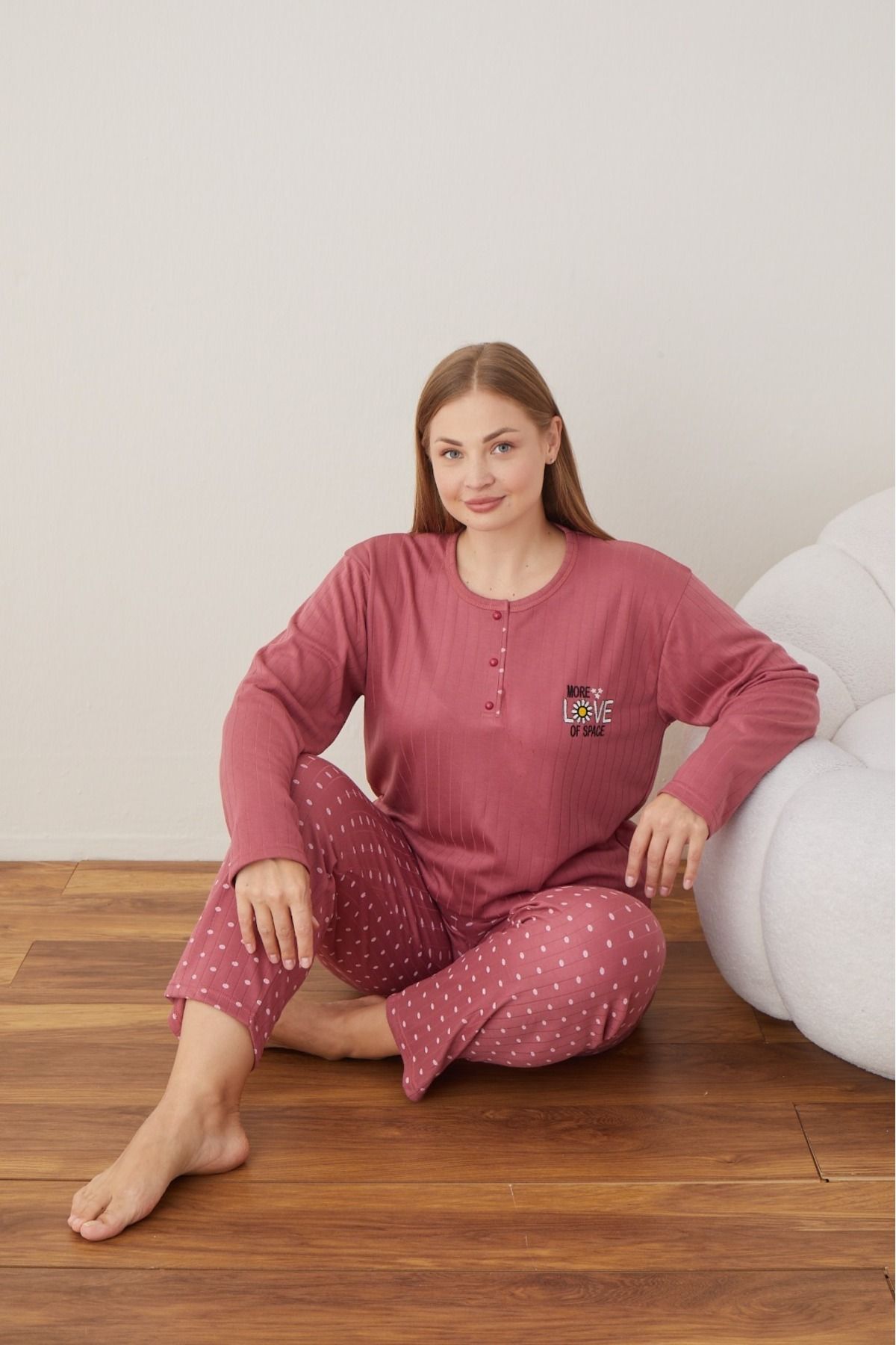 Eyfuze-Women's Winter Plus Size Curve Embroidered Patterned Collar Buttoned Long Sleeve Pajama Set 2