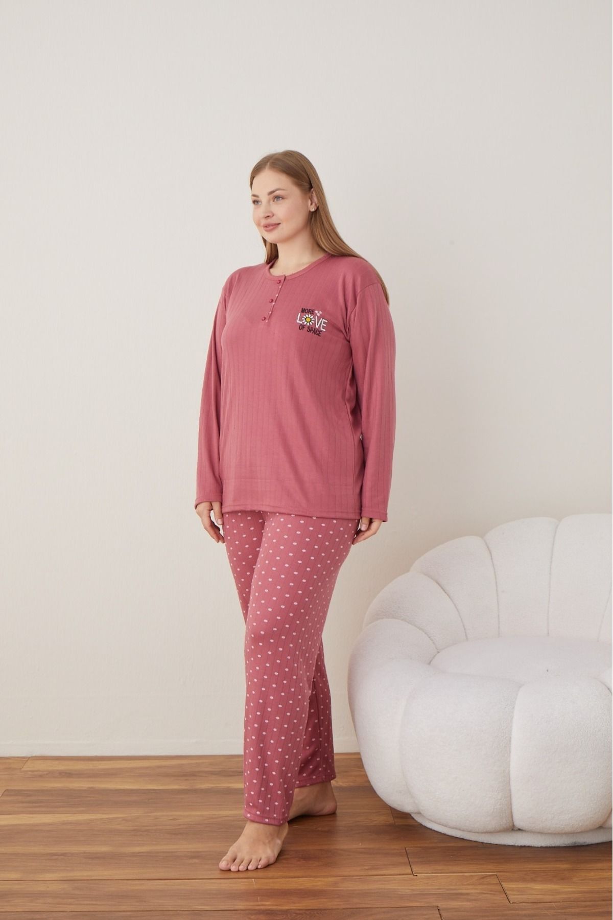 Eyfuze-Women's Winter Plus Size Curve Embroidered Patterned Collar Buttoned Long Sleeve Pajama Set 4