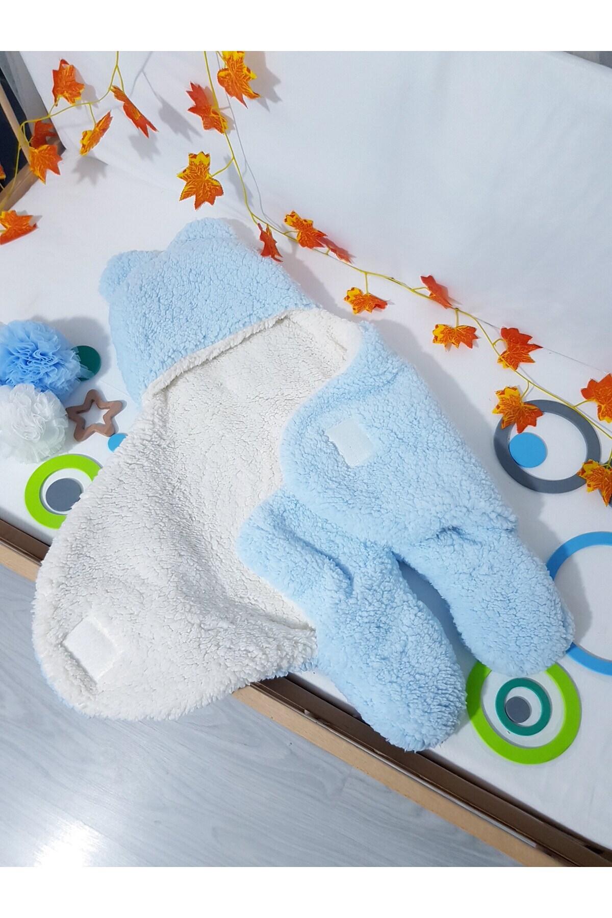 Baby Clime Bebek Dış Kundak Uyku Tulumu Mavi - Pelüş Kapüşonlu Çift Katman Ayaklı Model fotoğrafı 4 (önizleme)