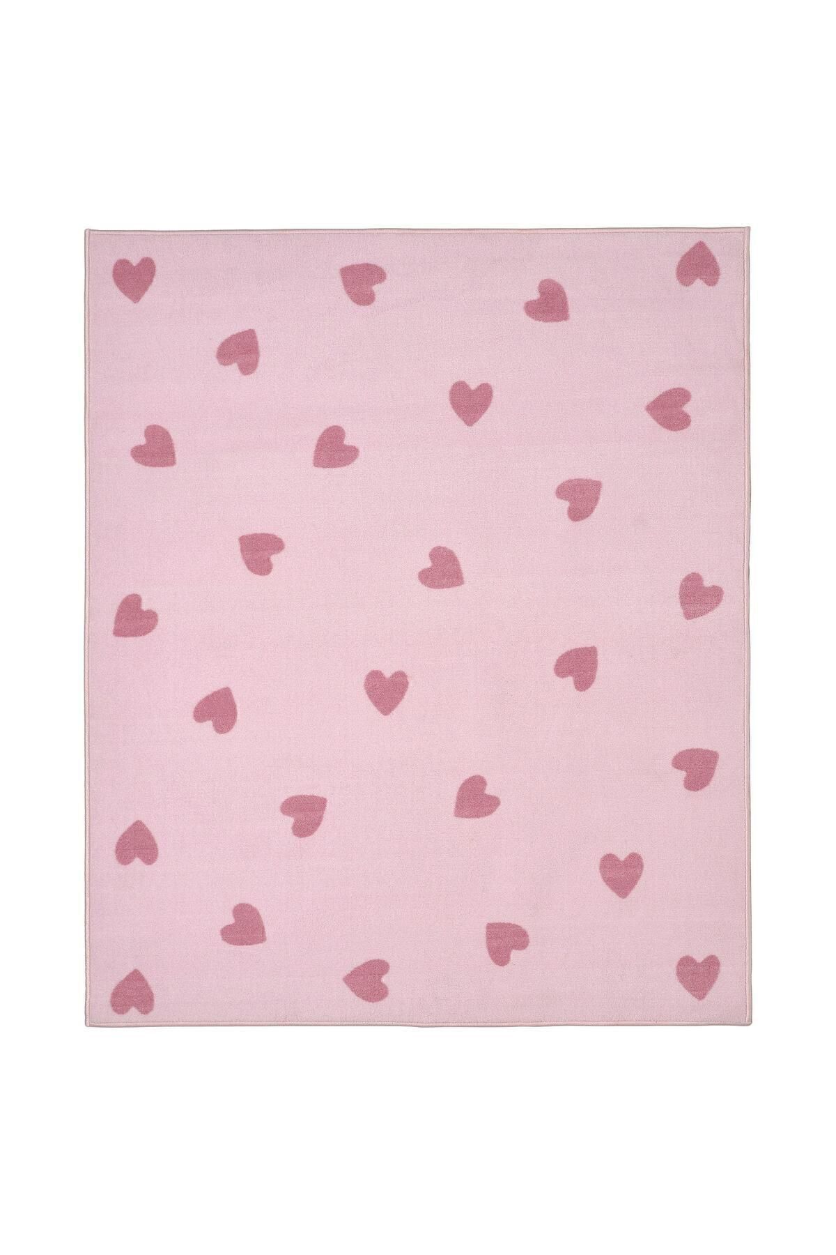 IKEA Pembe Kalp Desenli Çocuk Oda Halısı, 133x160 Cm Kauçuk Kaymaz Taban
