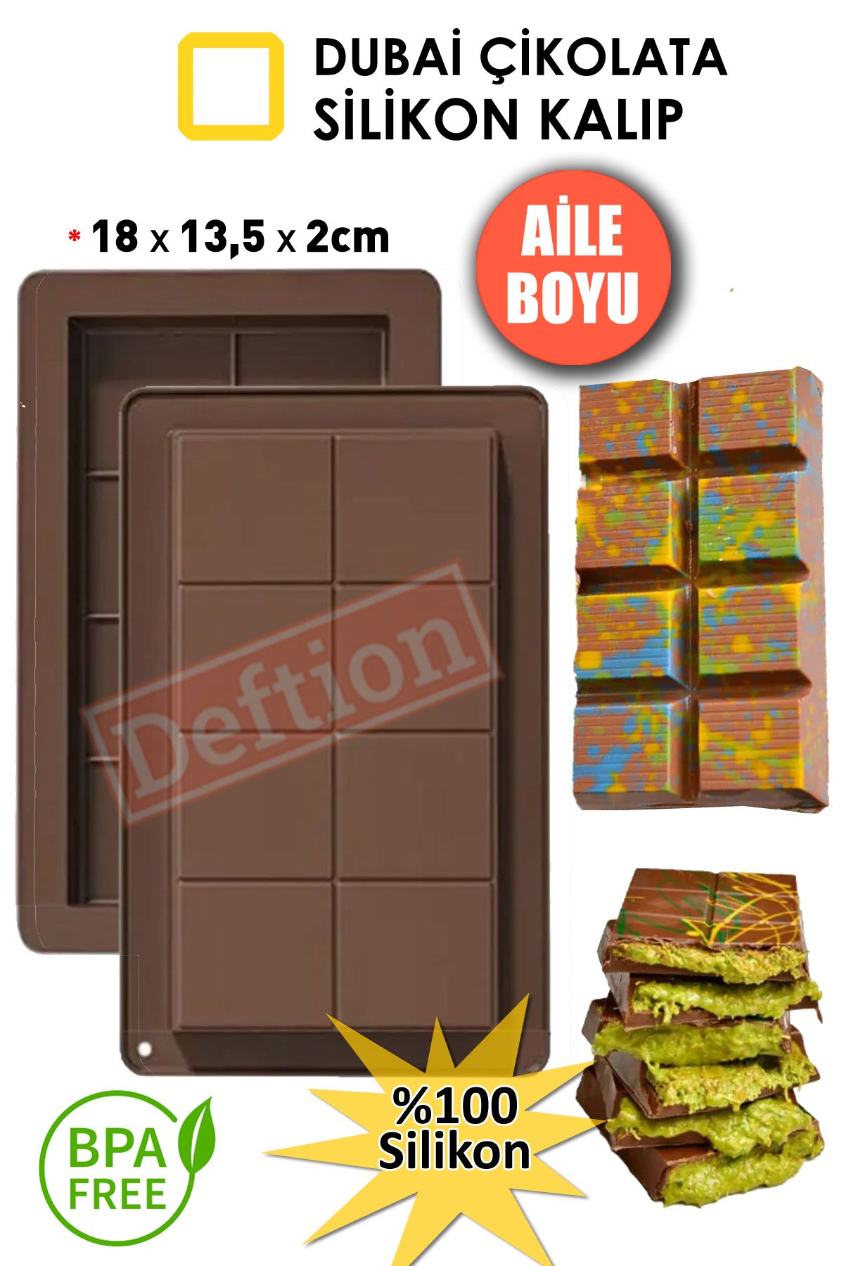 Deftion Aile Boy Dubai Çikolatası Silikon Kalıbı 18x13,5cm Bpa Free Çikolata Kokolin Kalıp