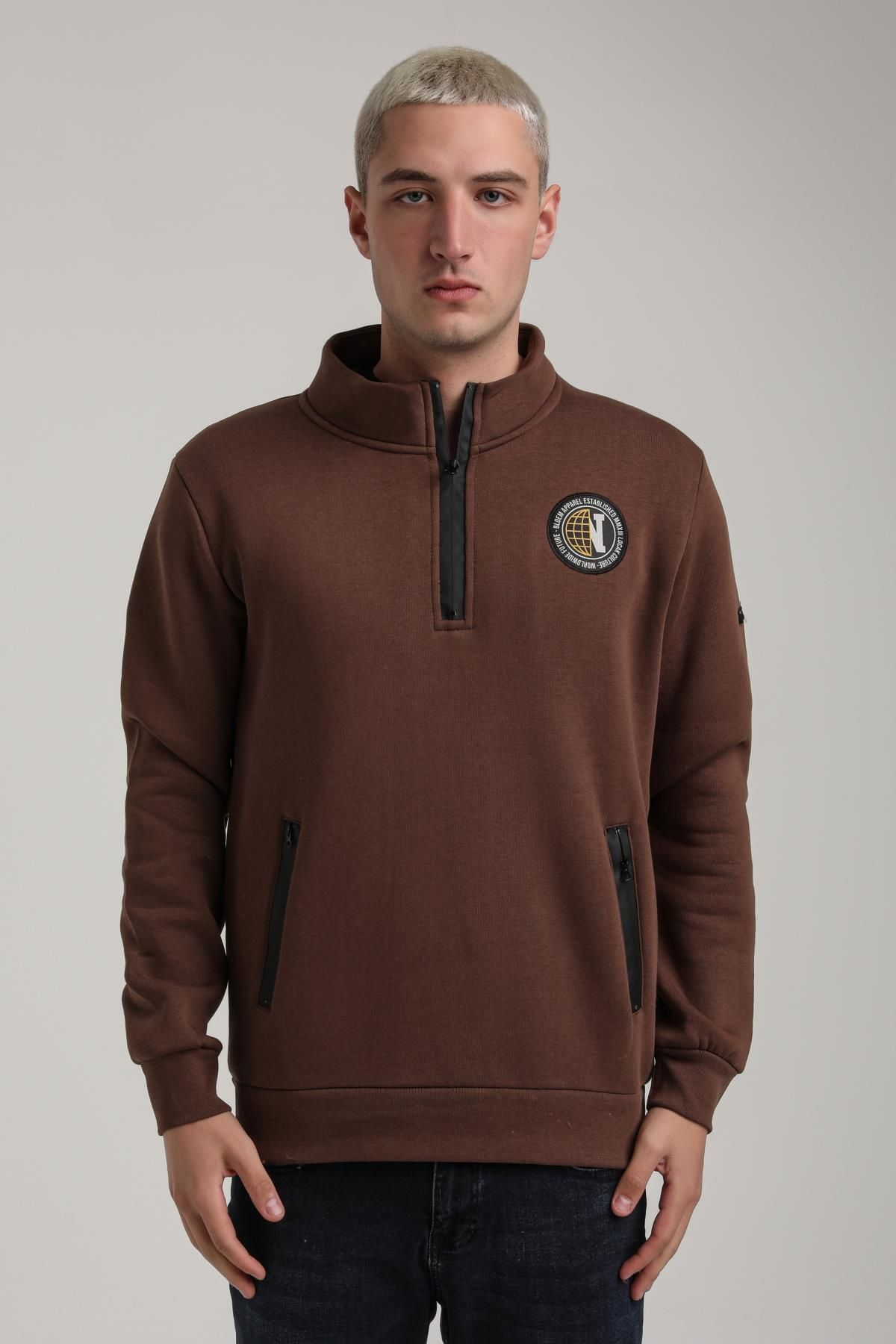 NEW WORLD POLO-Stand Collar Brown Slim Fit Full-Zip Sweatshirt 24Fwm64083 1