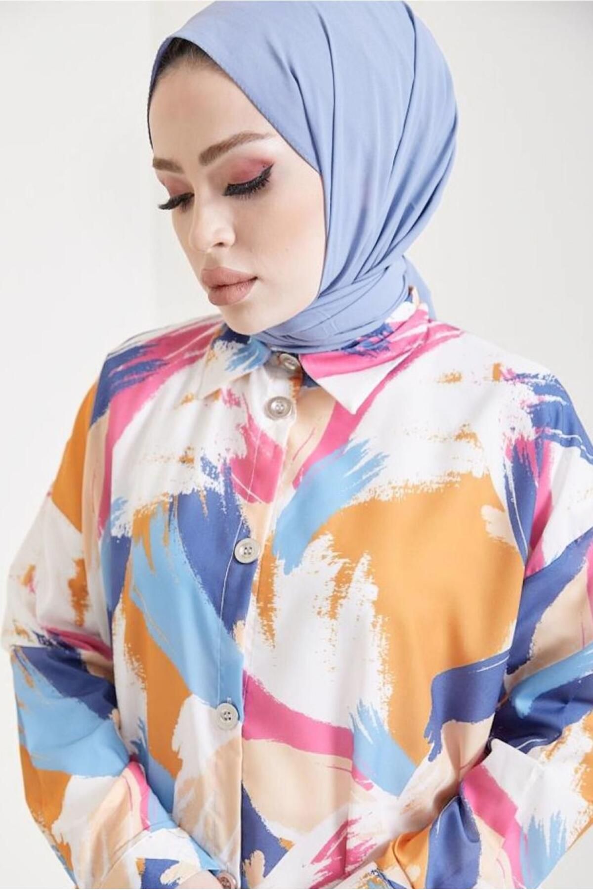 TRENDTESETTÜR-Tunica de dama cu model din bumbac albastru - T 0888-3 4